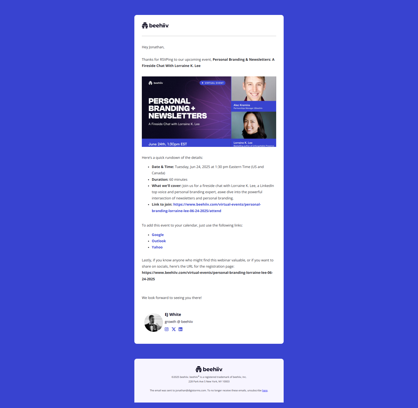Webinar Confirmation | Personal Branding & Newsletters: A Fireside Chat With Lorraine K. Lee — email screenshot from Beehiiv