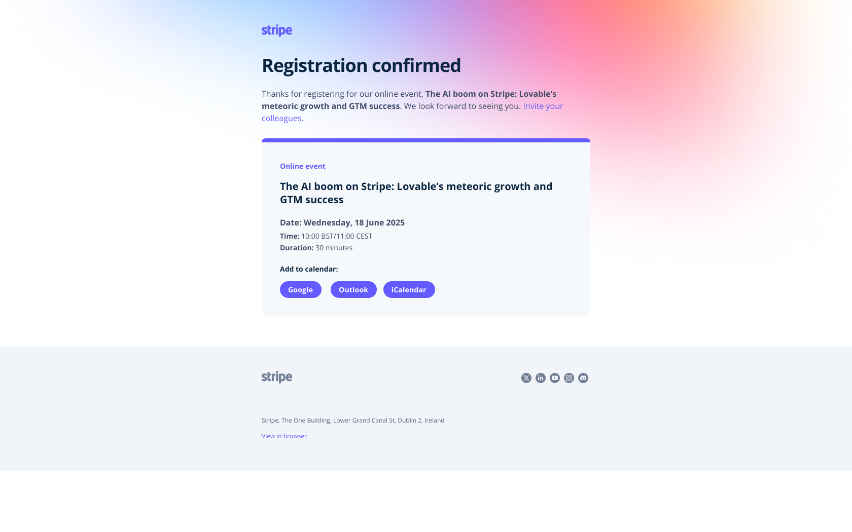You're registered—The AI boom on Stripe: Lovable’s meteoric growth and GTM success — email screenshot from Stripe