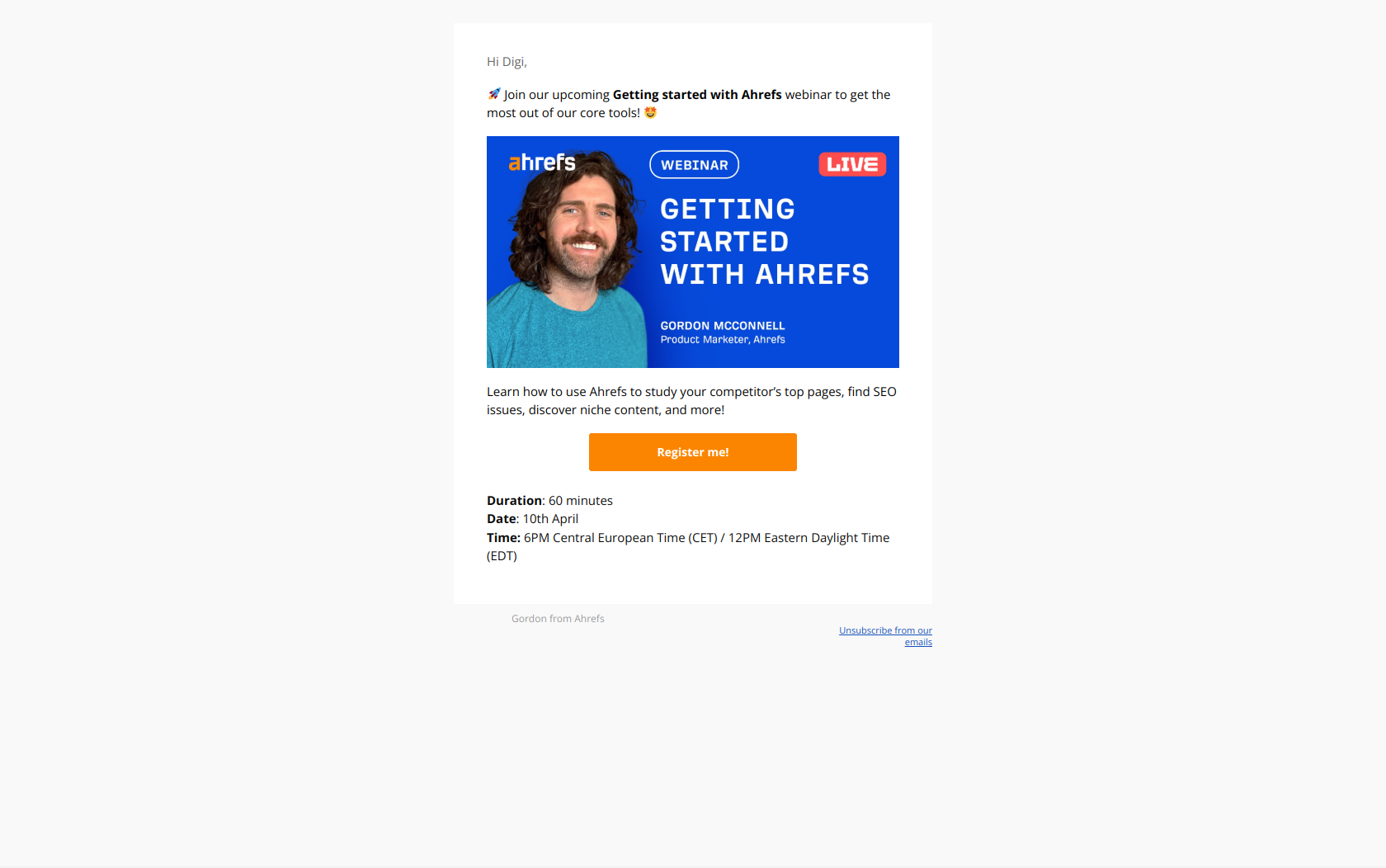 Join our Getting started with Ahrefs webinar! — email screenshot from Ahrefs