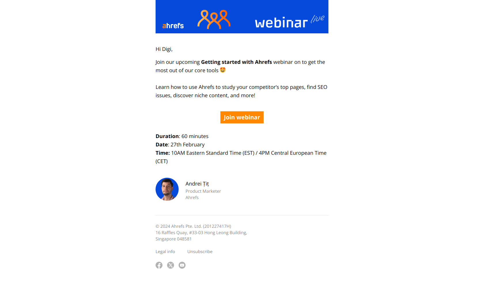 Join our live Welcome to Ahrefs Webinar! — email screenshot from Ahrefs