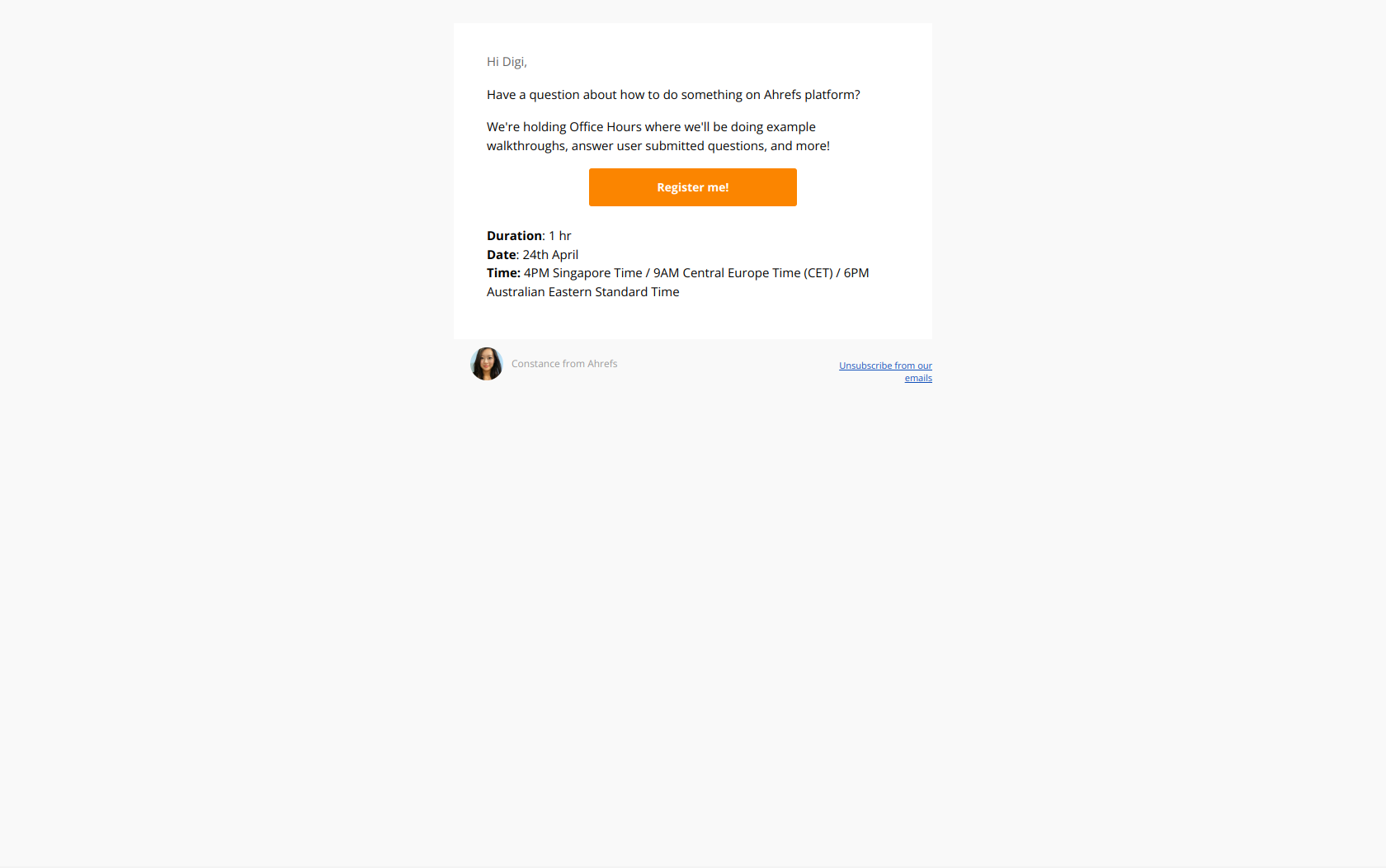 Join our Office Hours Webinar! — email screenshot from Ahrefs