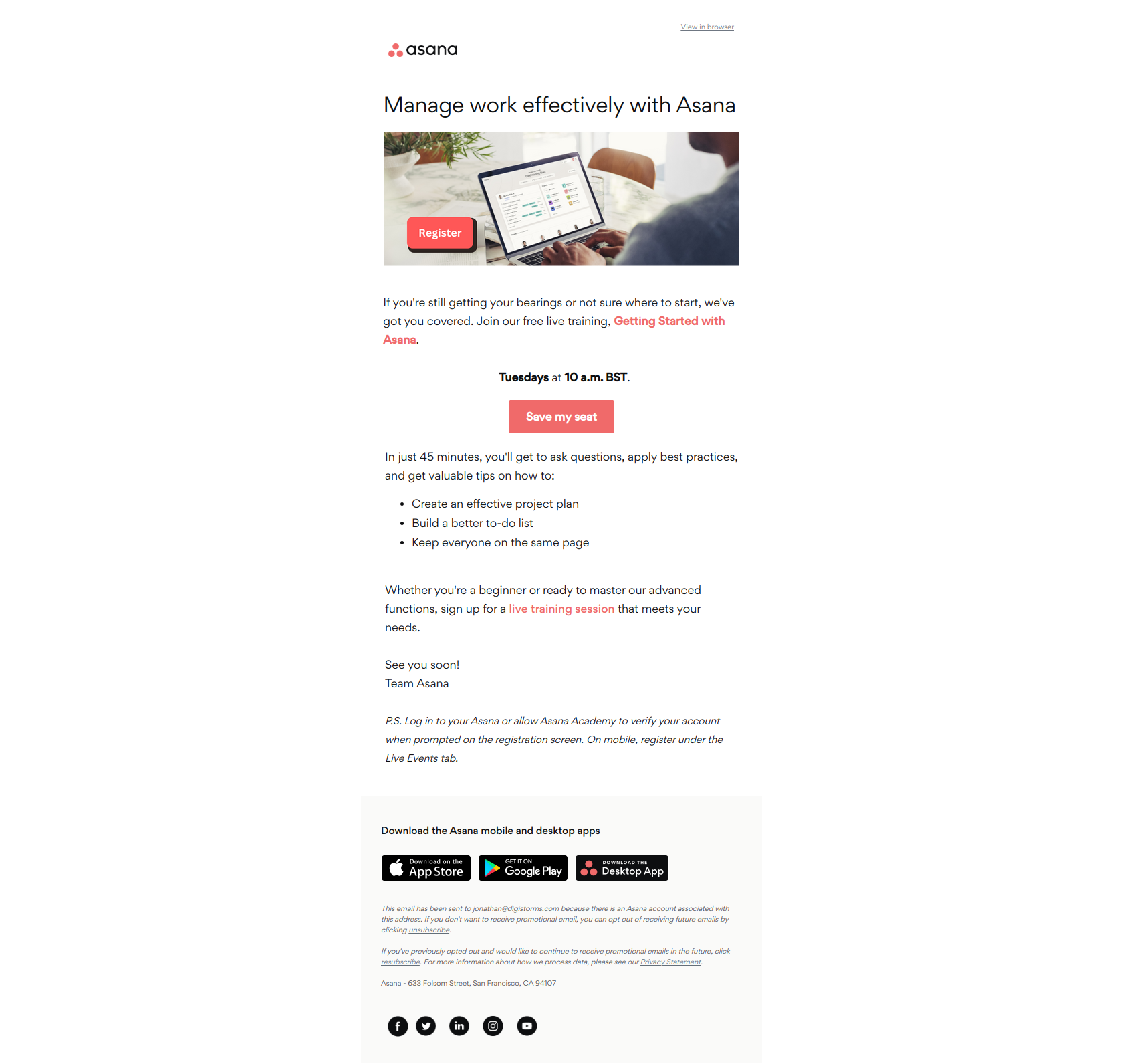 B2B lead nurturing email example from Asana