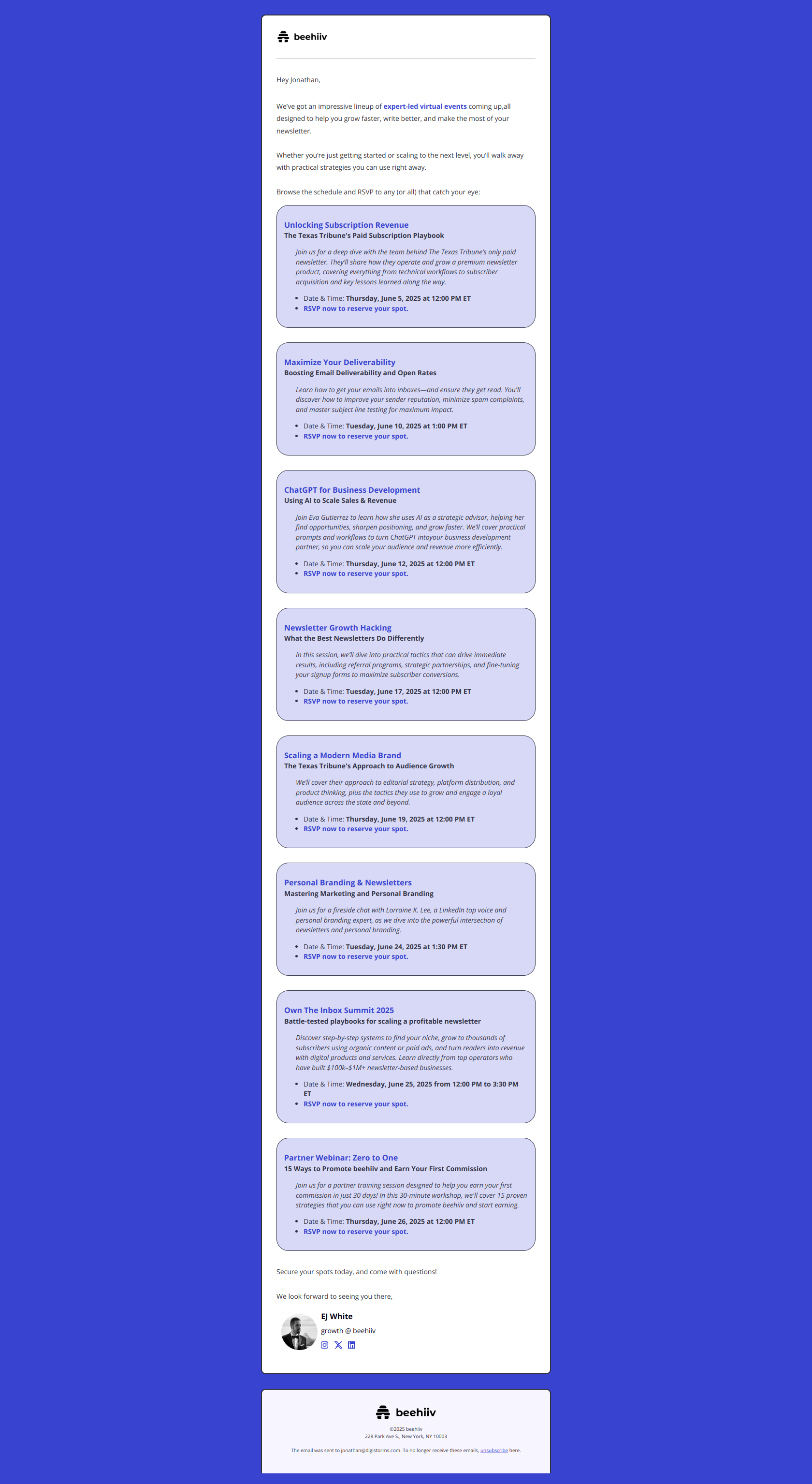 Don’t miss June’s top events — email screenshot from Beehiiv