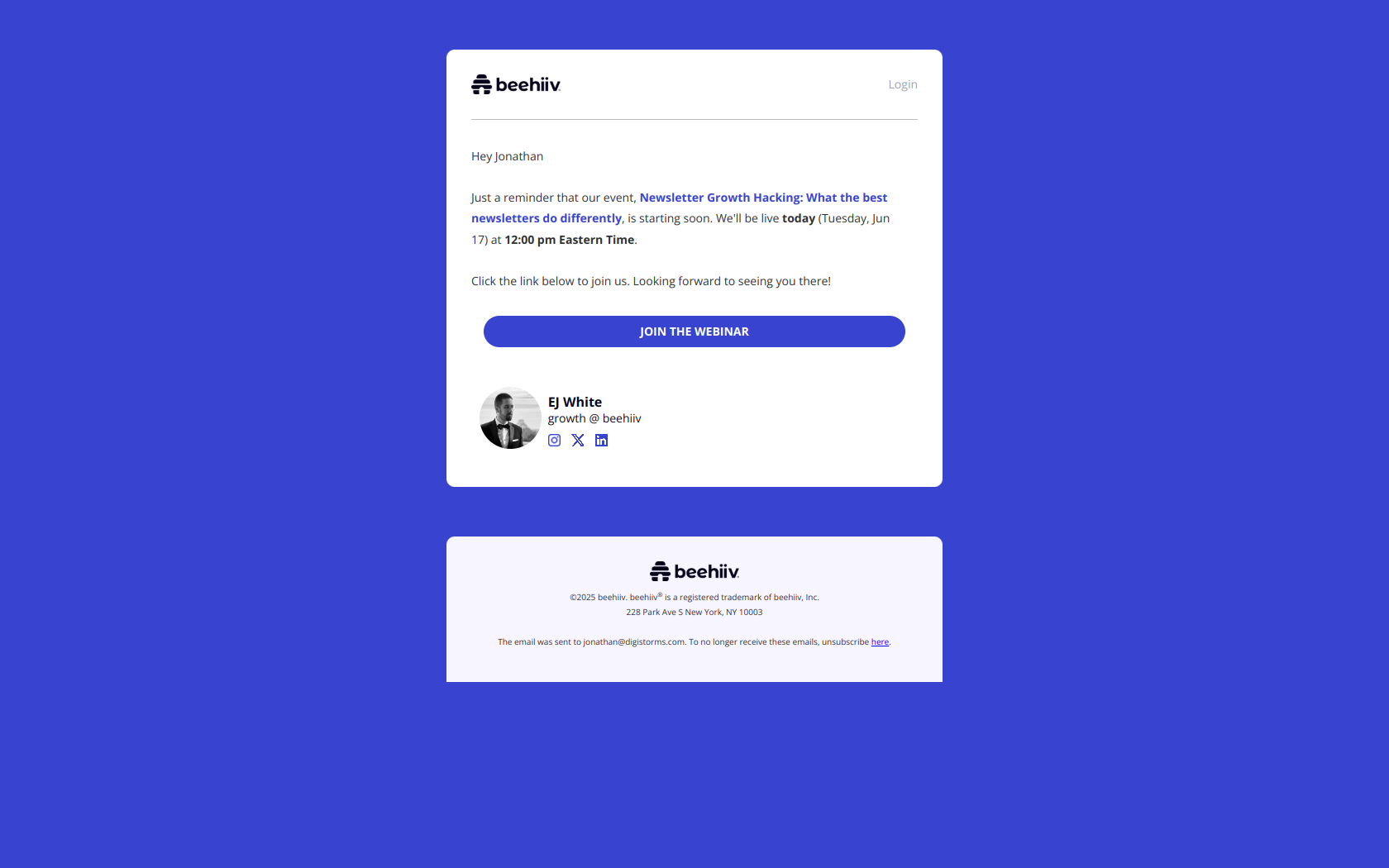 B2B lead nurturing email example from Beehiiv webinar