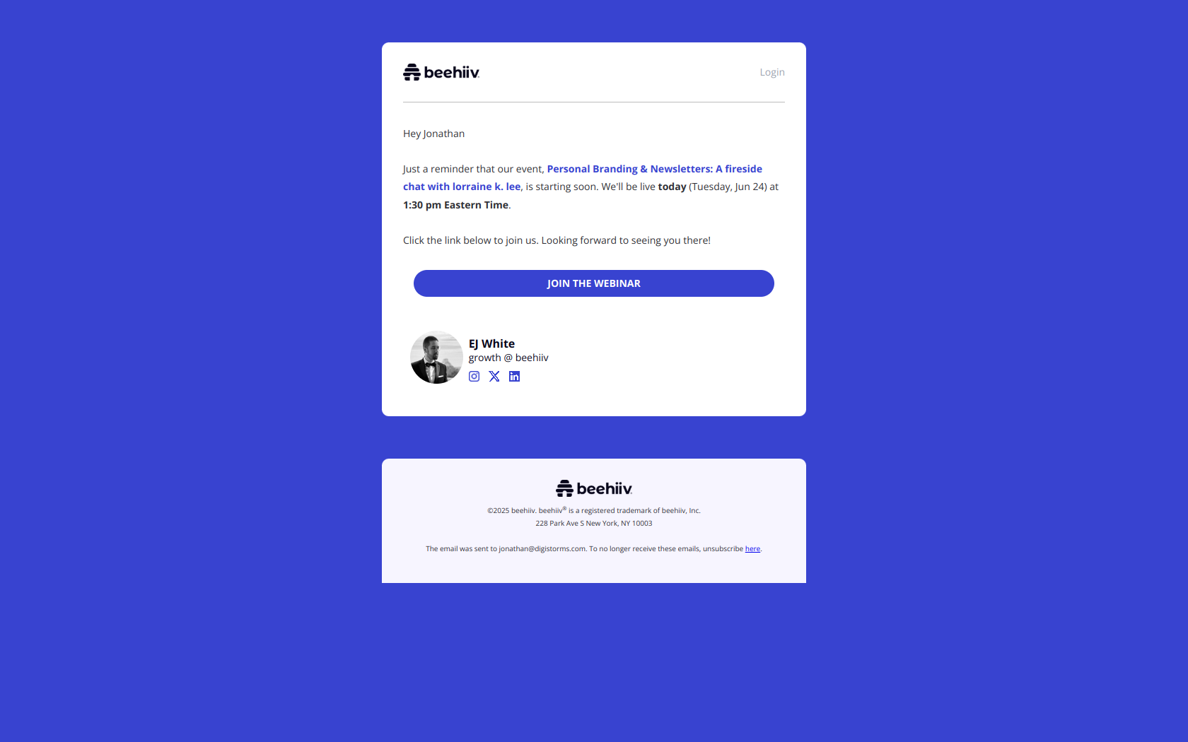 Webinar: Personal Branding & Newsletters is starting soon — email screenshot from Beehiiv