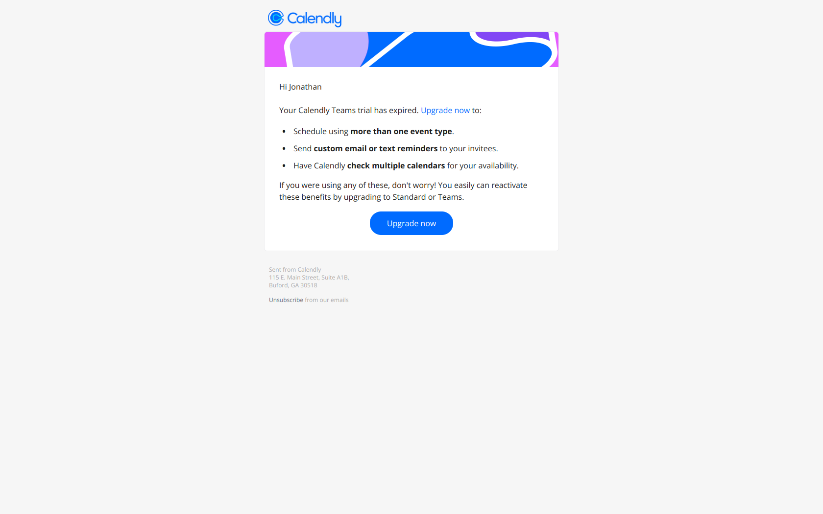 Attn: Your Teams trial has expired — email screenshot from Calendly