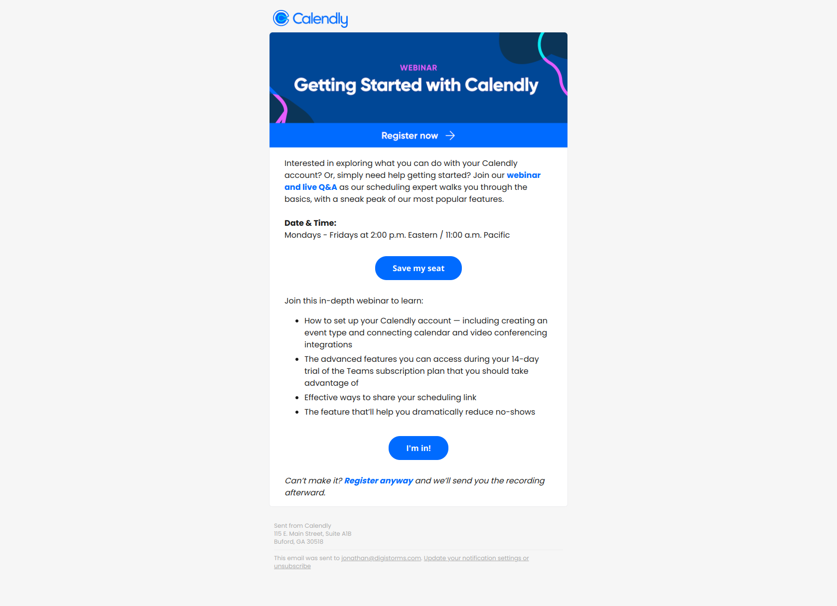 Live: See what you can do with your account! — email screenshot from Calendly