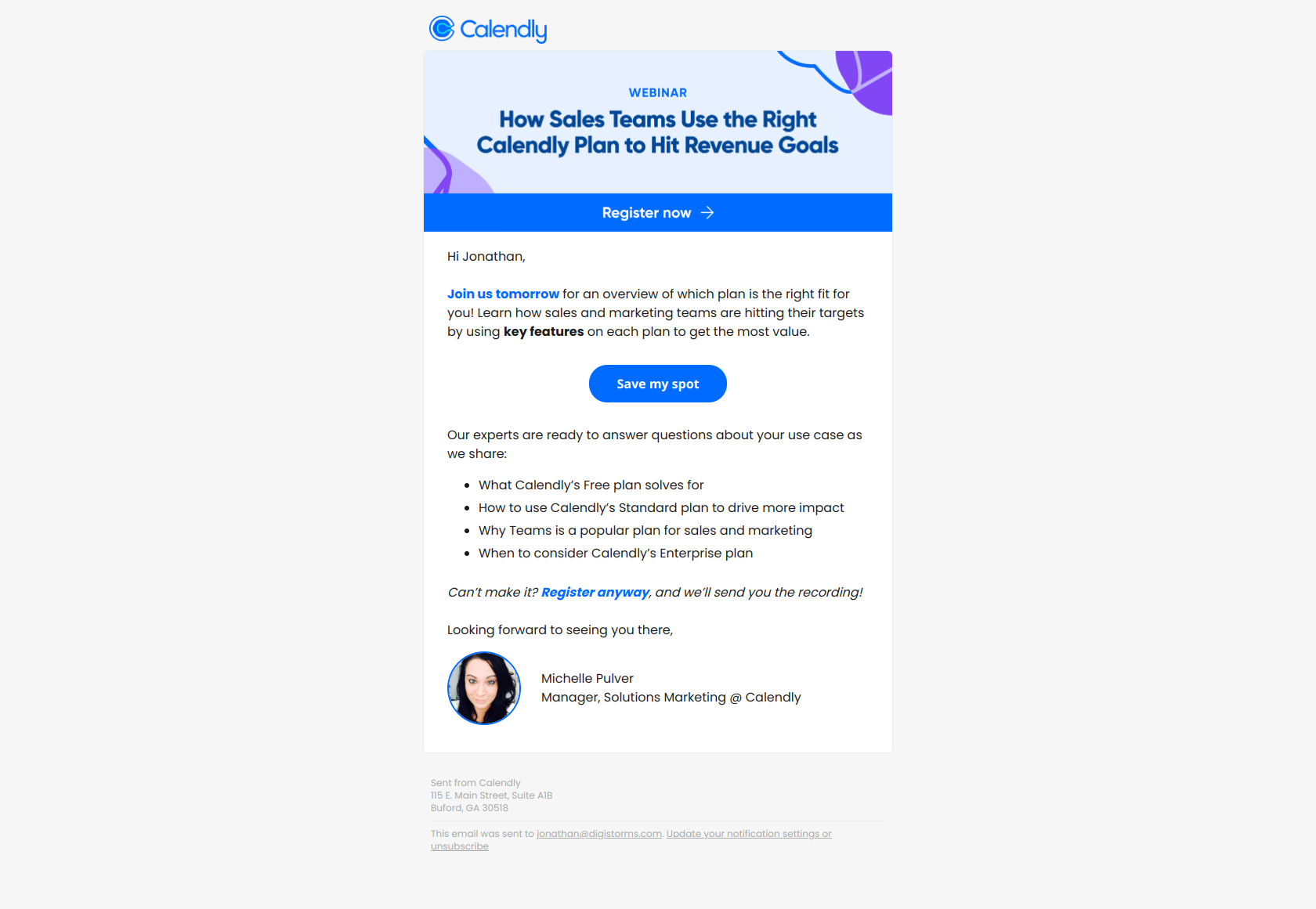 B2B lead nurturing email example from Calendly webinar