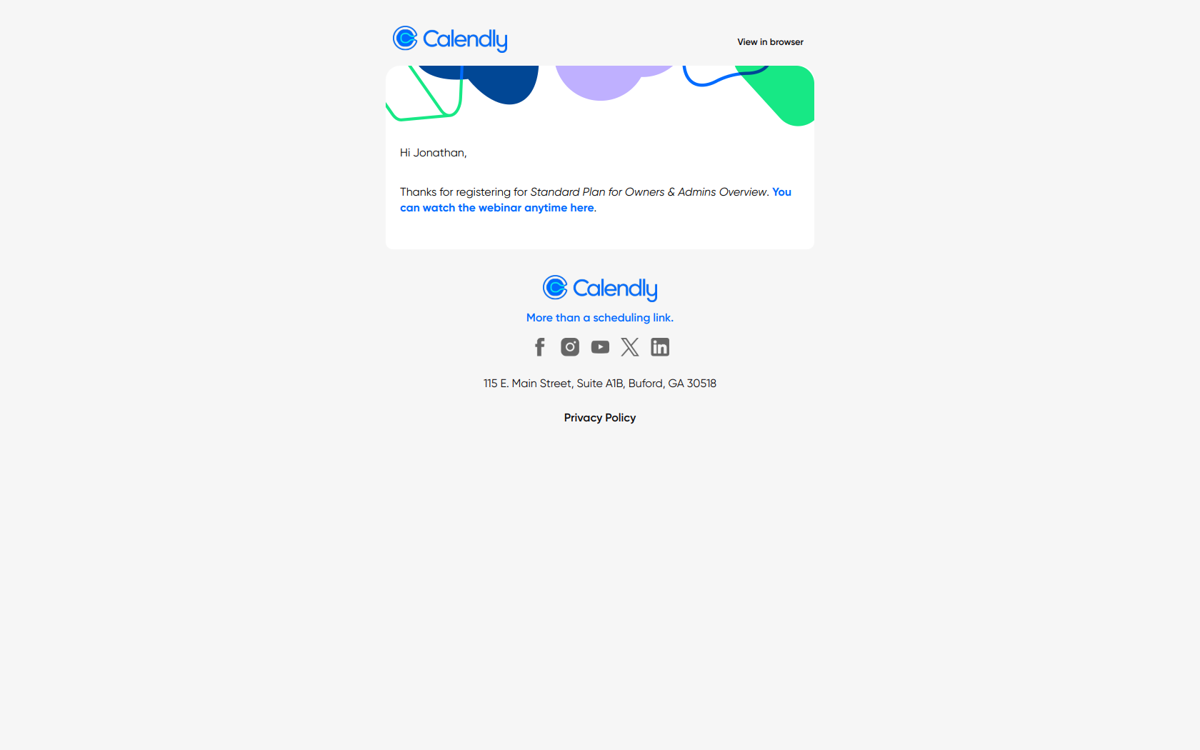 📽️ Watch now: Standard Plan for Owners & Admins Overview — email screenshot from Calendly