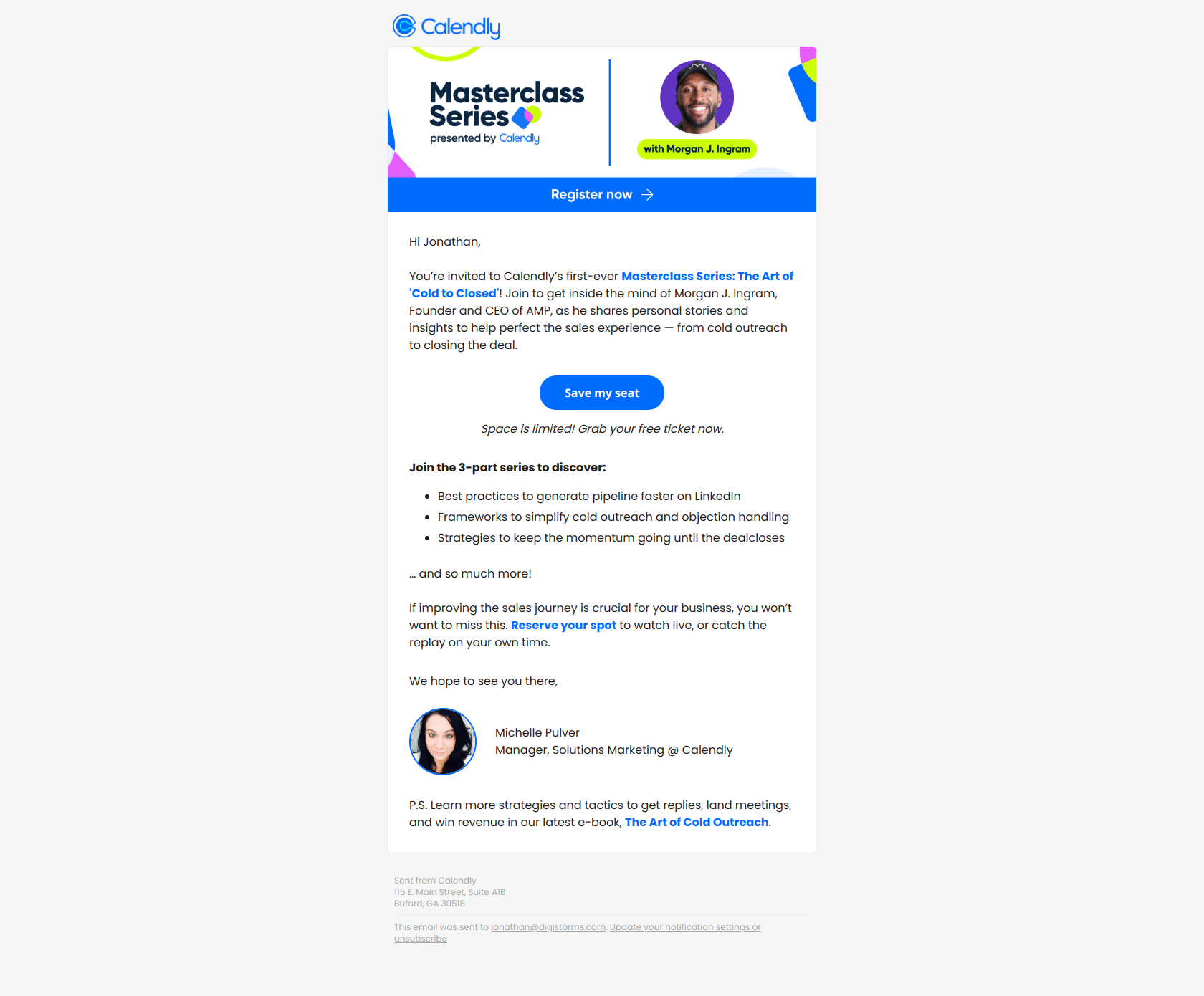 📣 Introducing Calendly’s first Masterclass Series: The Art of ‘Cold to Closed’ — email screenshot from Calendly