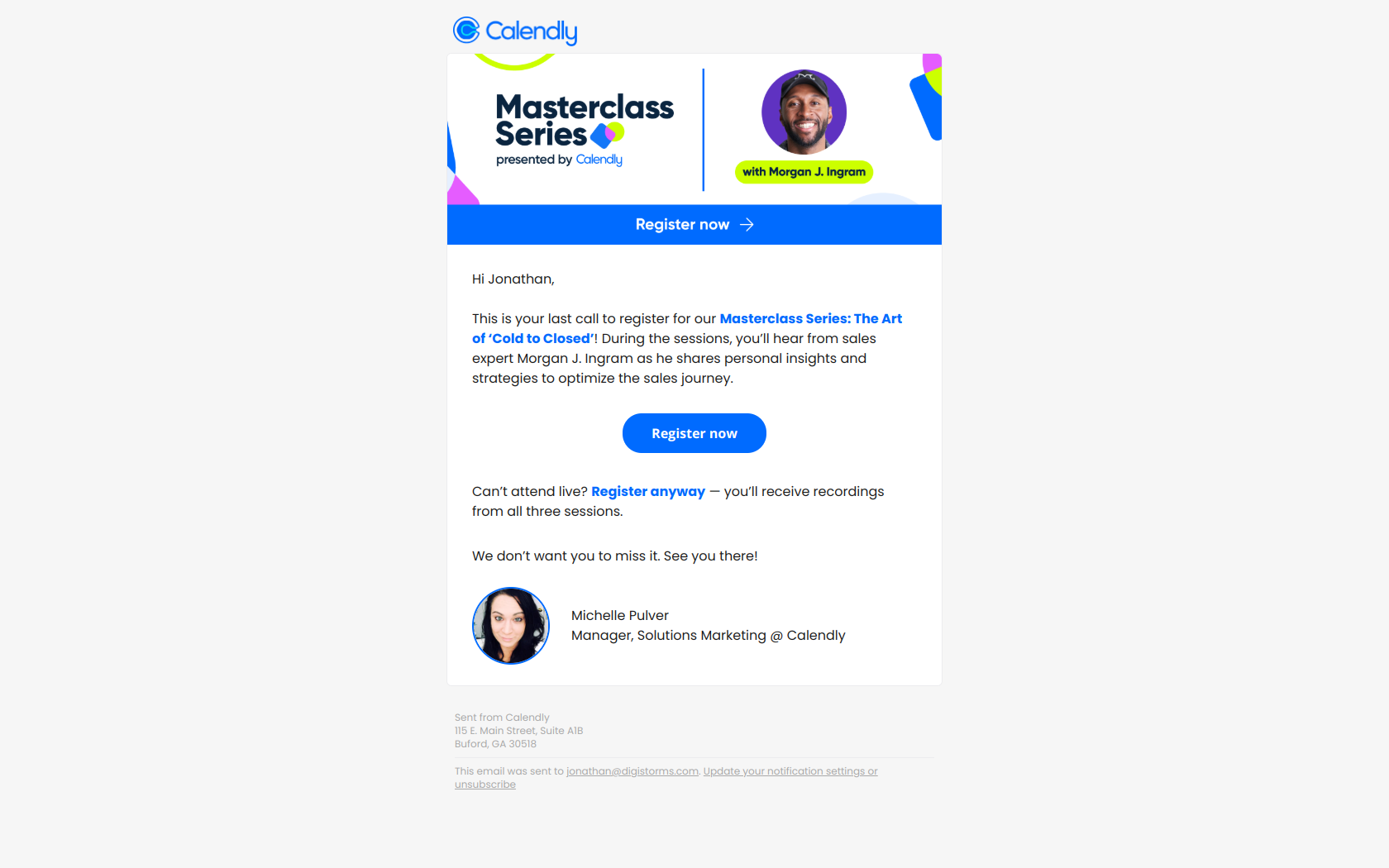 Last call: Sign up for Masterclass with influencer Morgan J. Ingram — email screenshot from Calendly