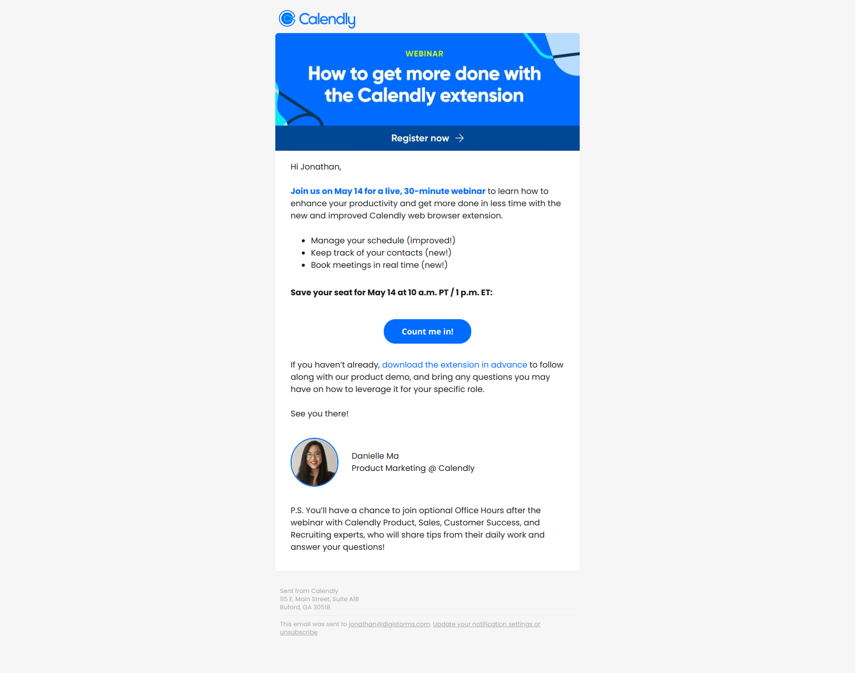 May 14: Get more done with Calendly's extension — email screenshot from Calendly