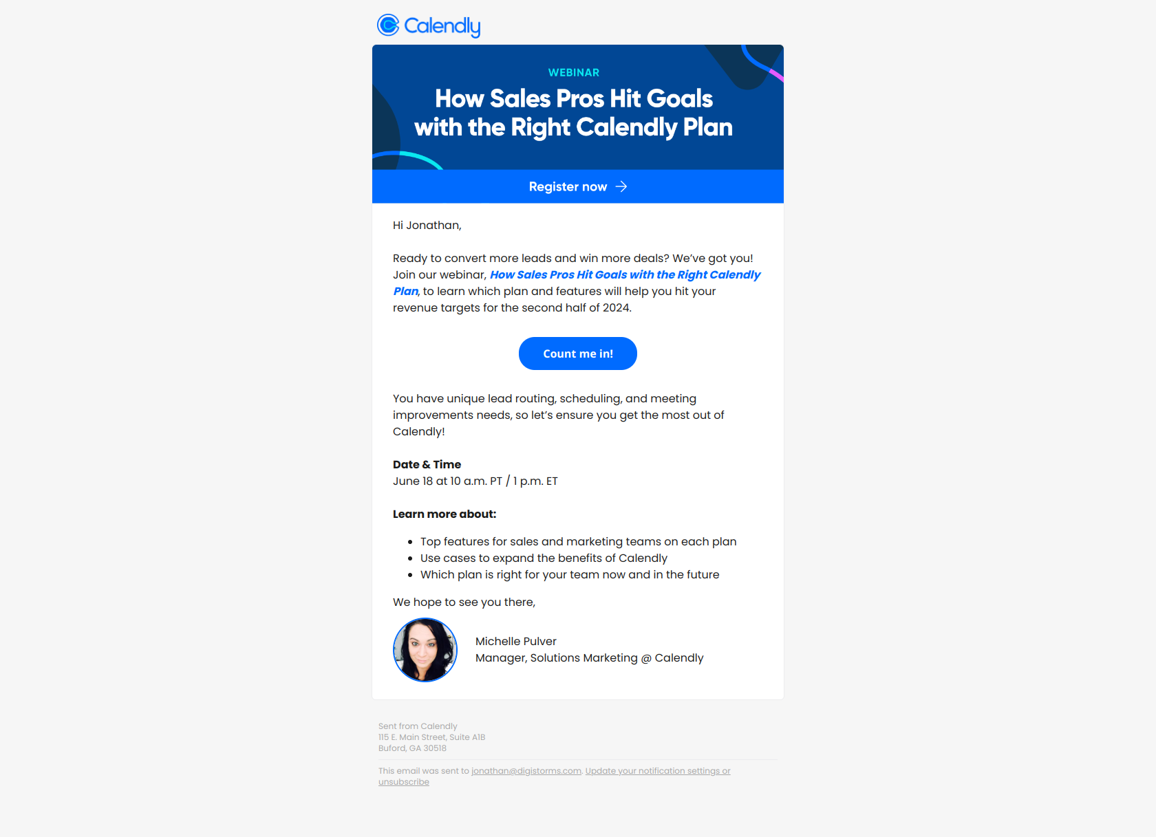 You’re invited: The best Calendly plan for your sales goals — email screenshot from Calendly