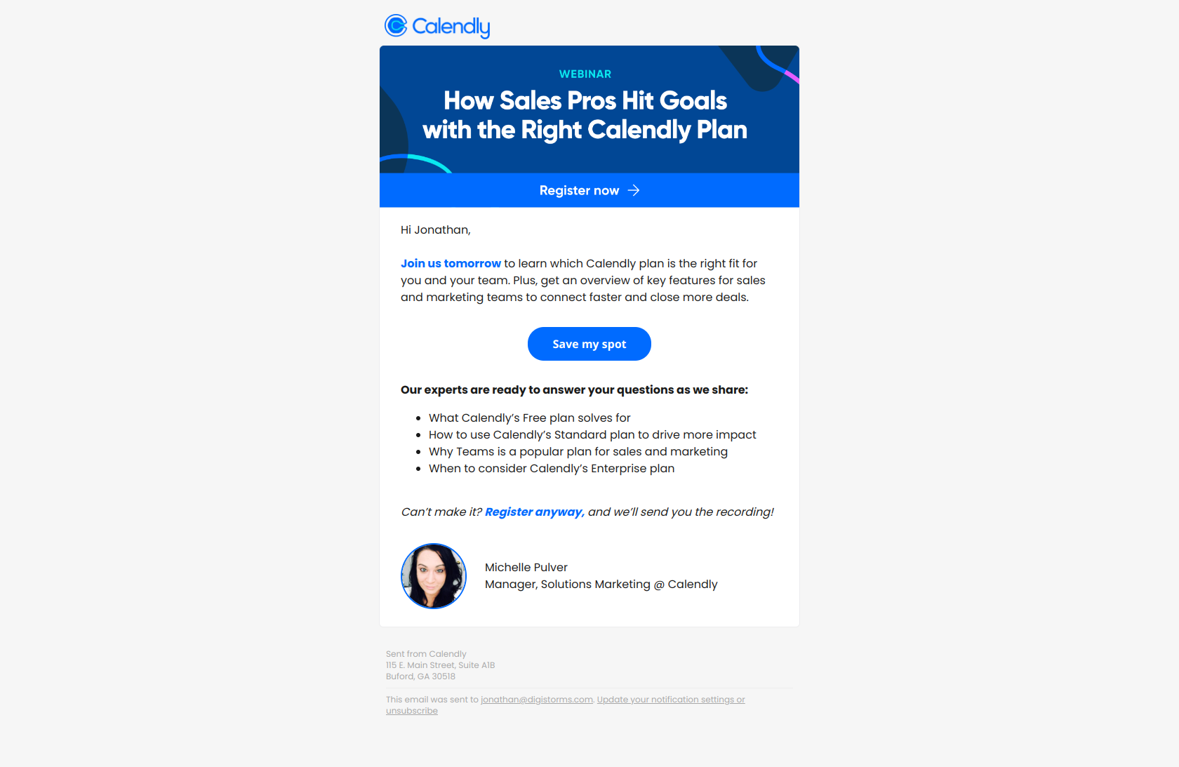Tomorrow’s webinar: Get more wins faster with Calendly — email screenshot from Calendly