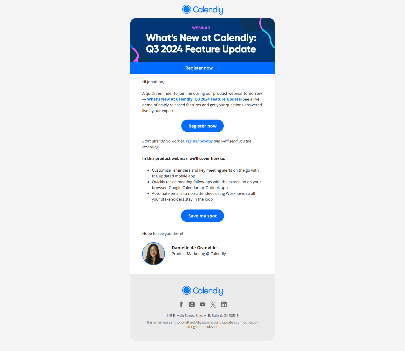 Last Chance: New Calendly features demo + Q&A — email screenshot from Calendly