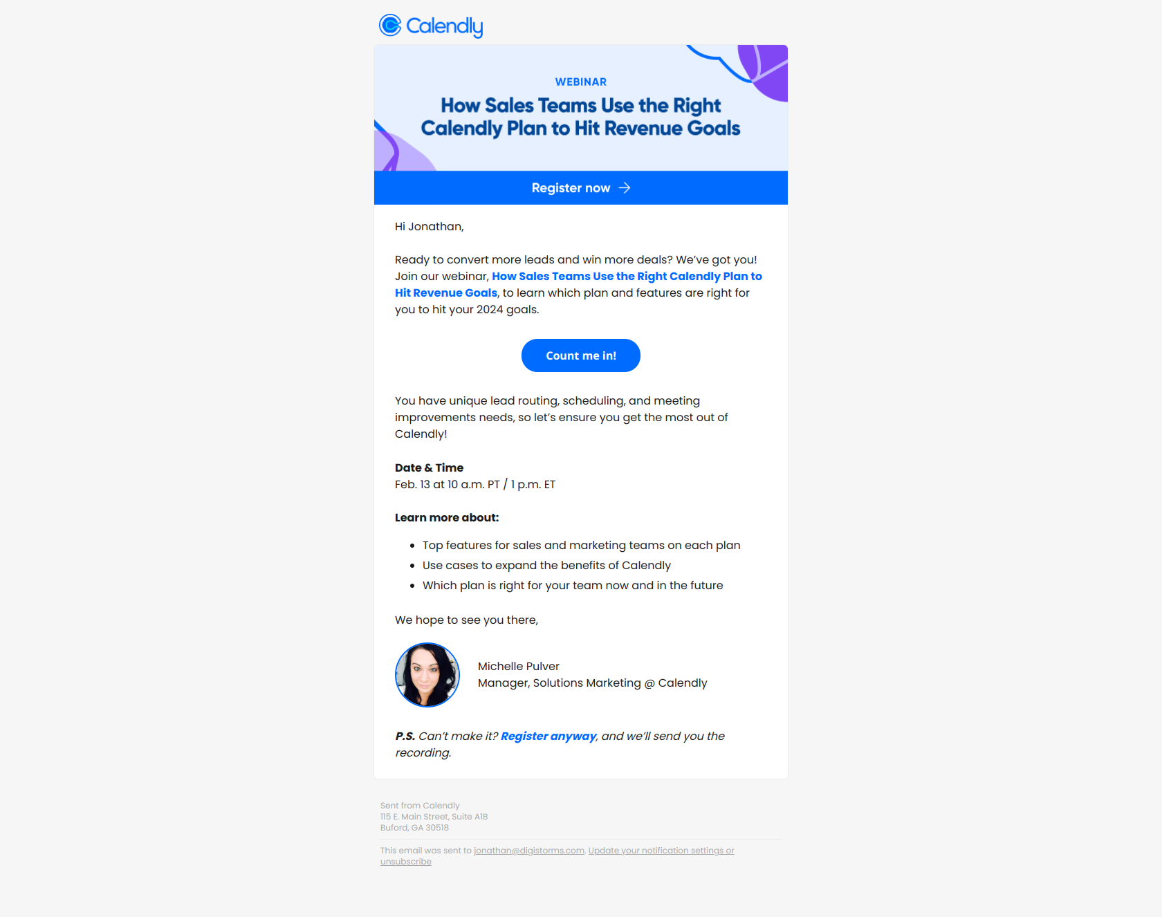 You’re invited: Find the right Calendly plan to hit your revenue goals — email screenshot from Calendly