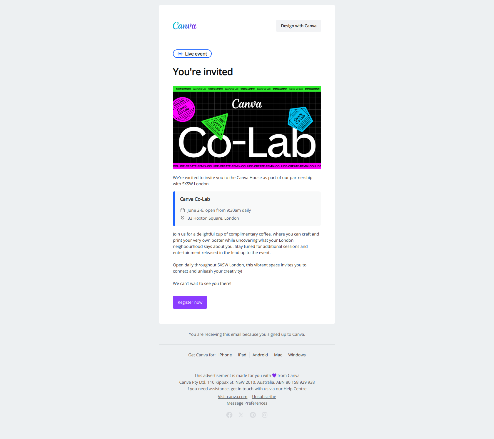 You’re invited to our first Canva Co-Lab event — email screenshot from Canva