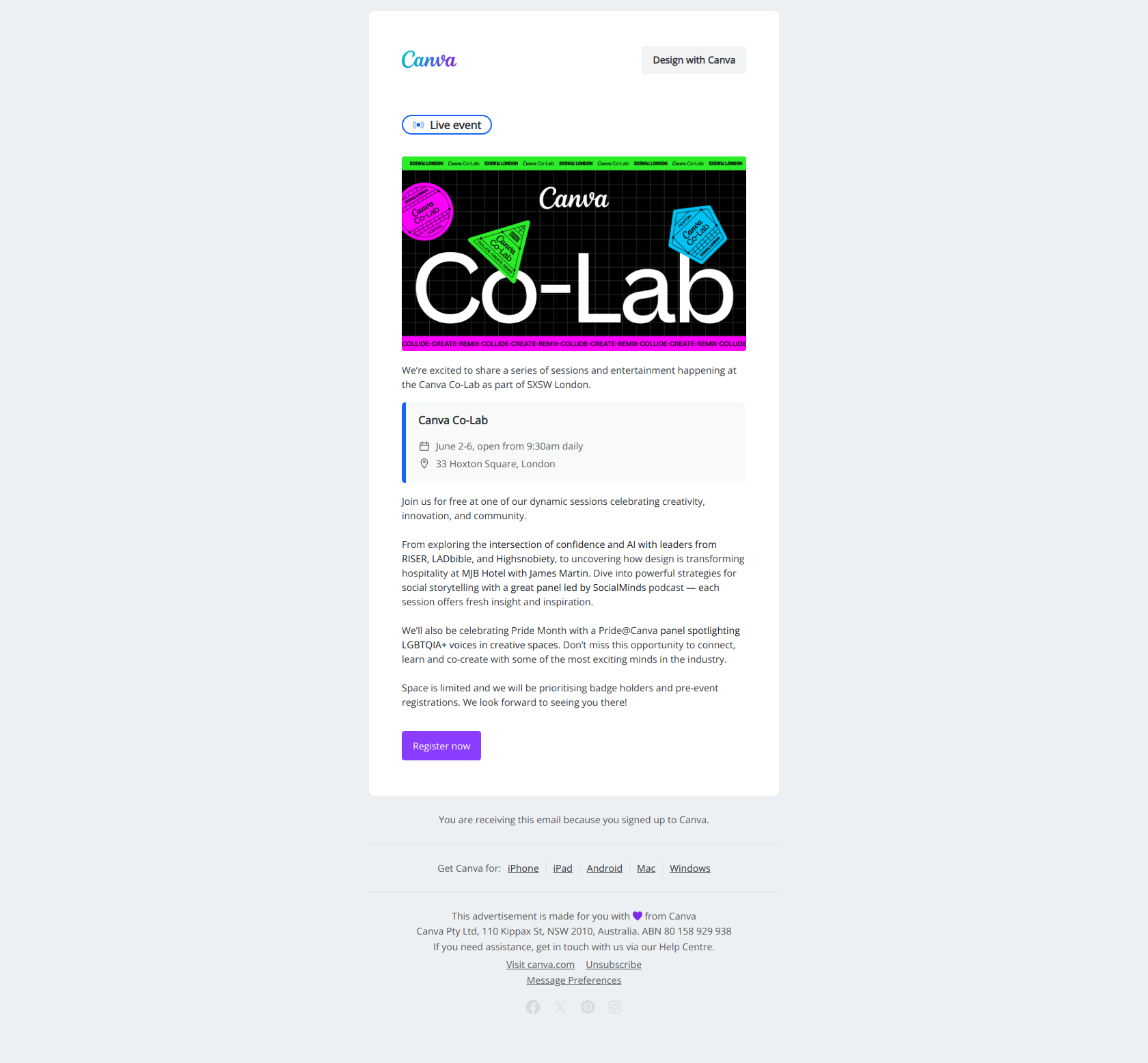 Join us at Canva Co-Lab next week — email screenshot from Canva