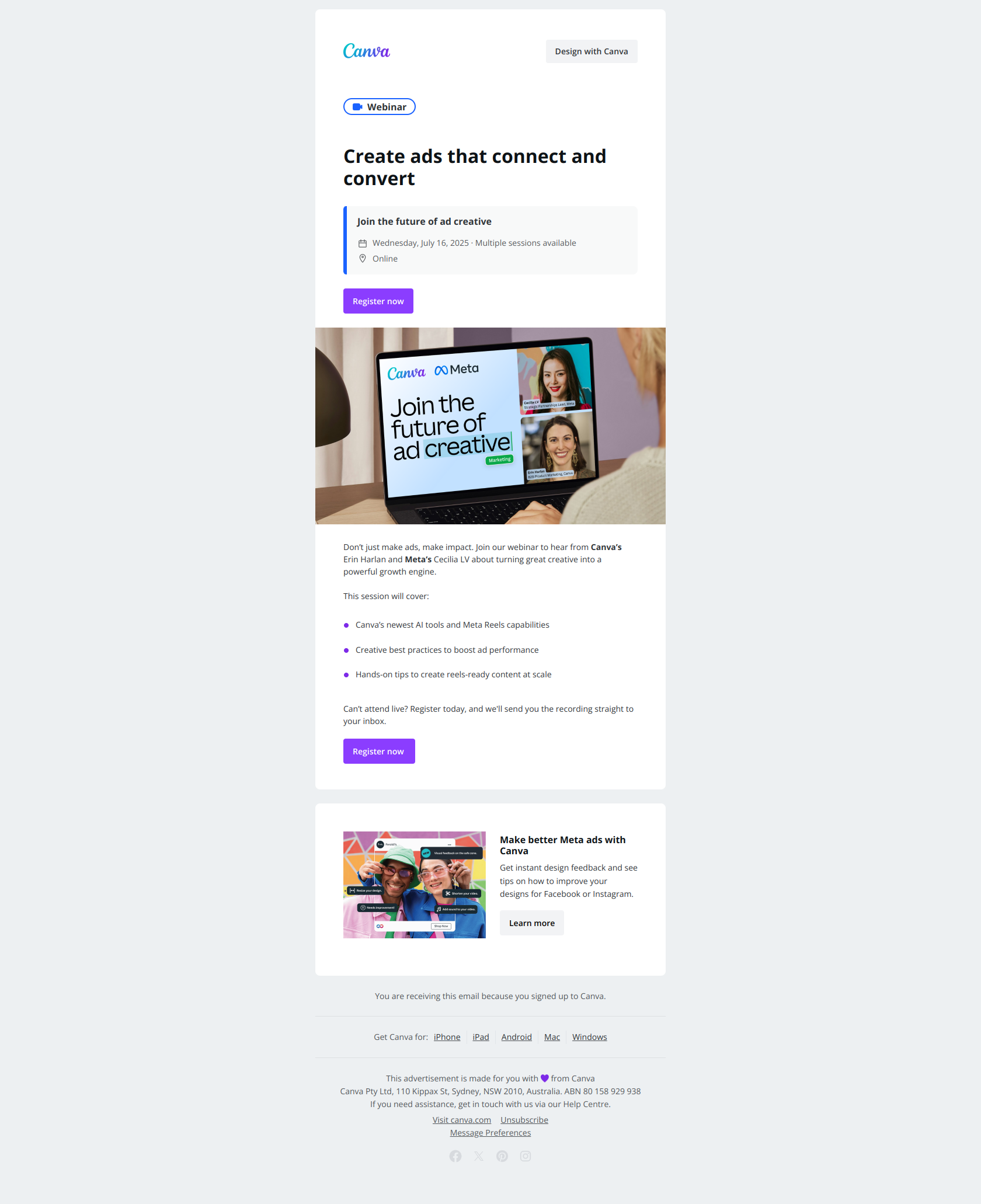 Hear from experts at Canva and Meta 🚀 — email screenshot from Canva