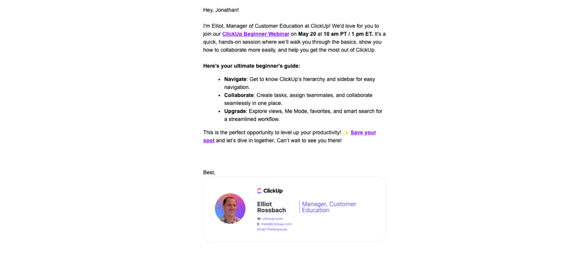 Here's your last chance to join the ClickUp Beginner Webinar! ✨ — email screenshot from Clickup