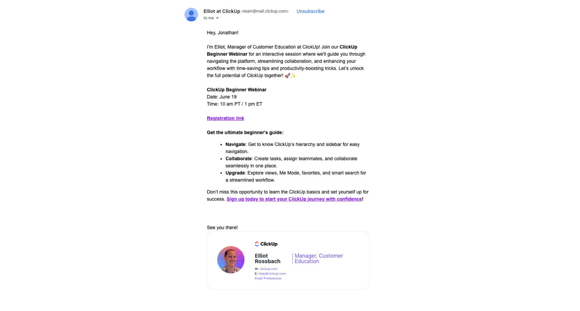 New to ClickUp? Check out our beginner's webinar! 🚀 — email screenshot from Clickup