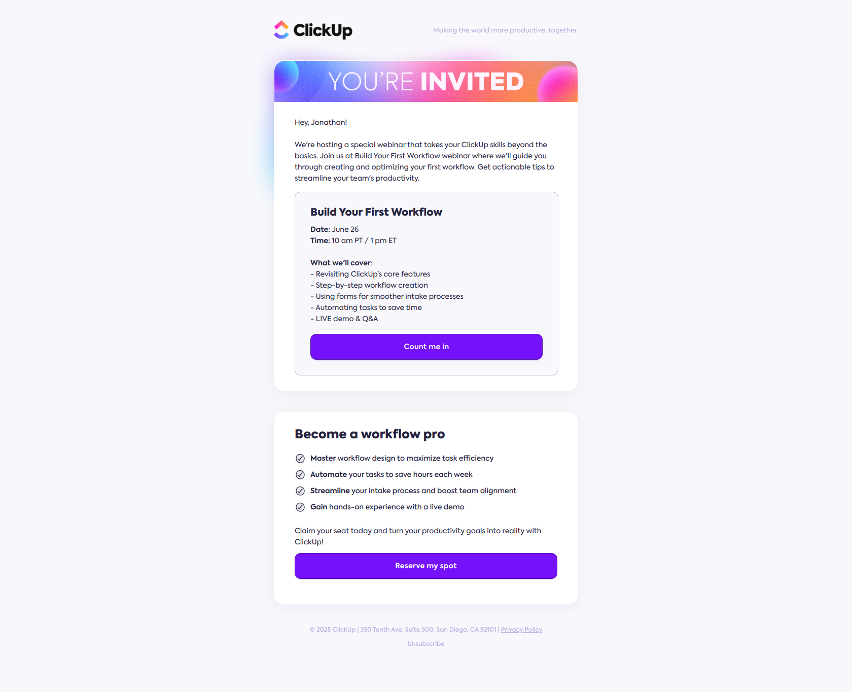 B2B lead nurturing email example from ClickUp