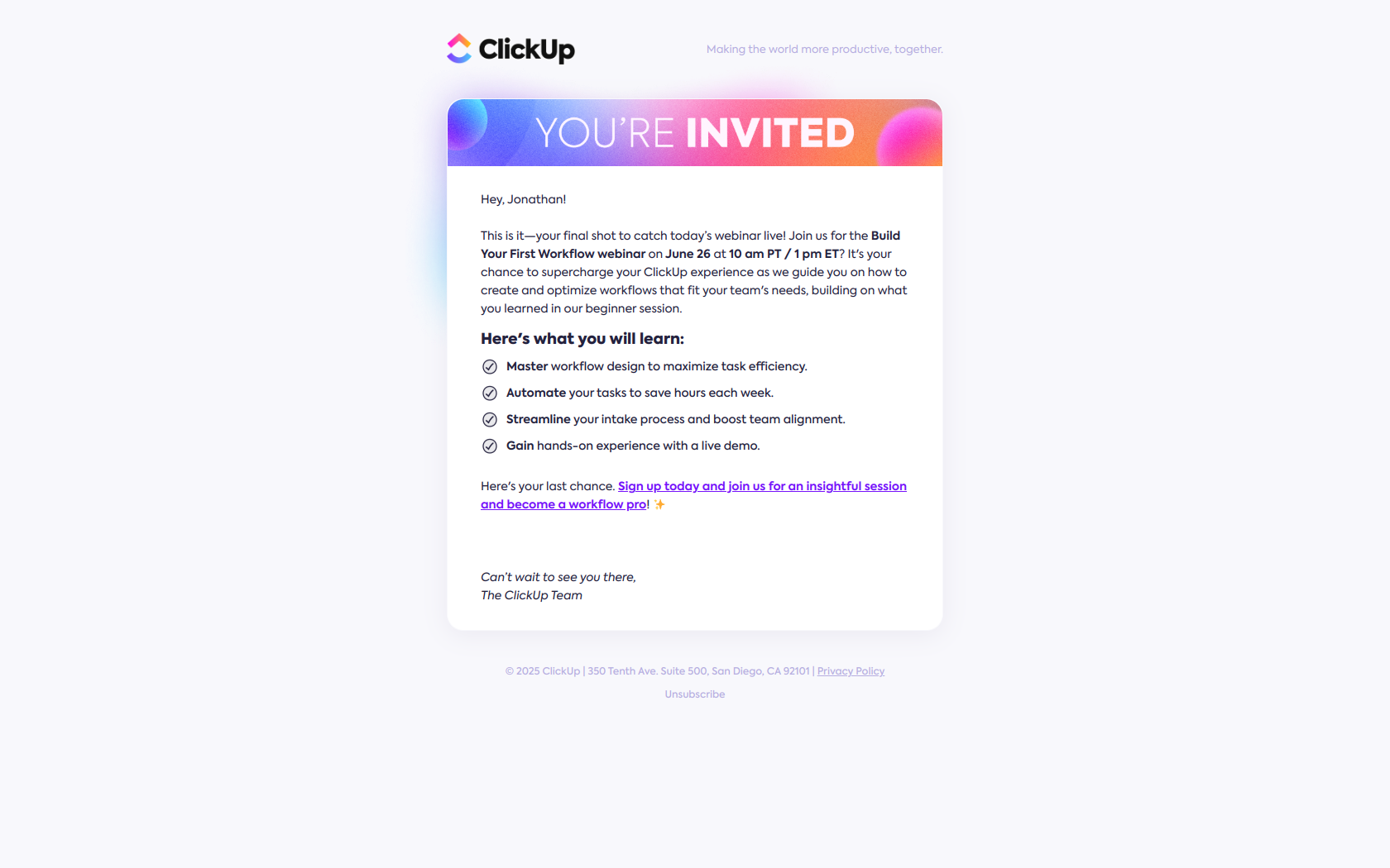 Going live soon: Don’t miss your last chance to Join! 🚀 — email screenshot from Clickup