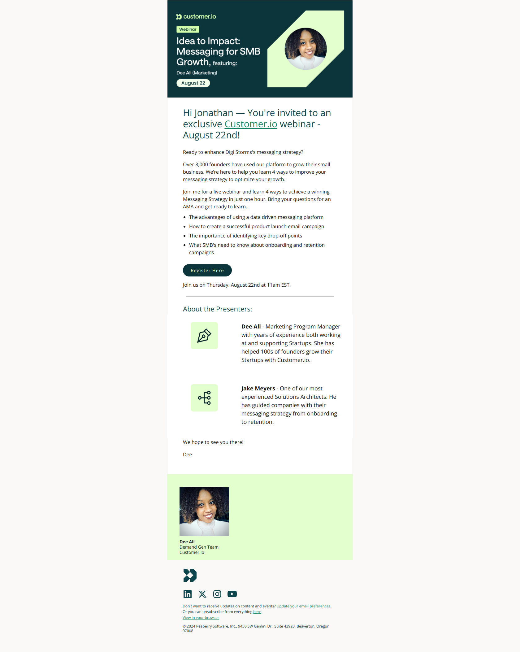 [Invite Only] Customer.io AMA + Messaging Strategy Tips for SMBs — email screenshot from Customer.io