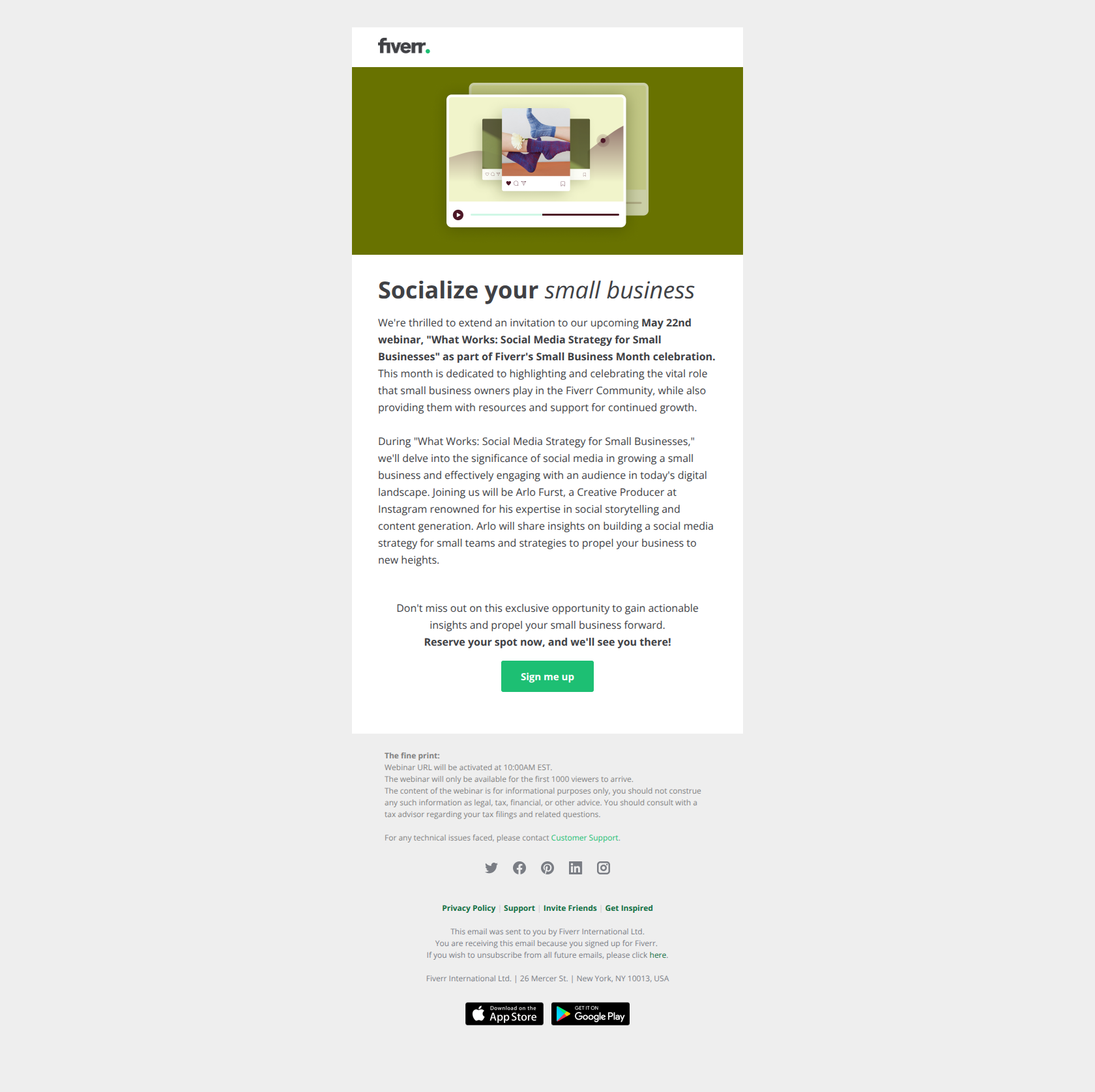 Small business, mighty social media strategy — email screenshot from Fiverr