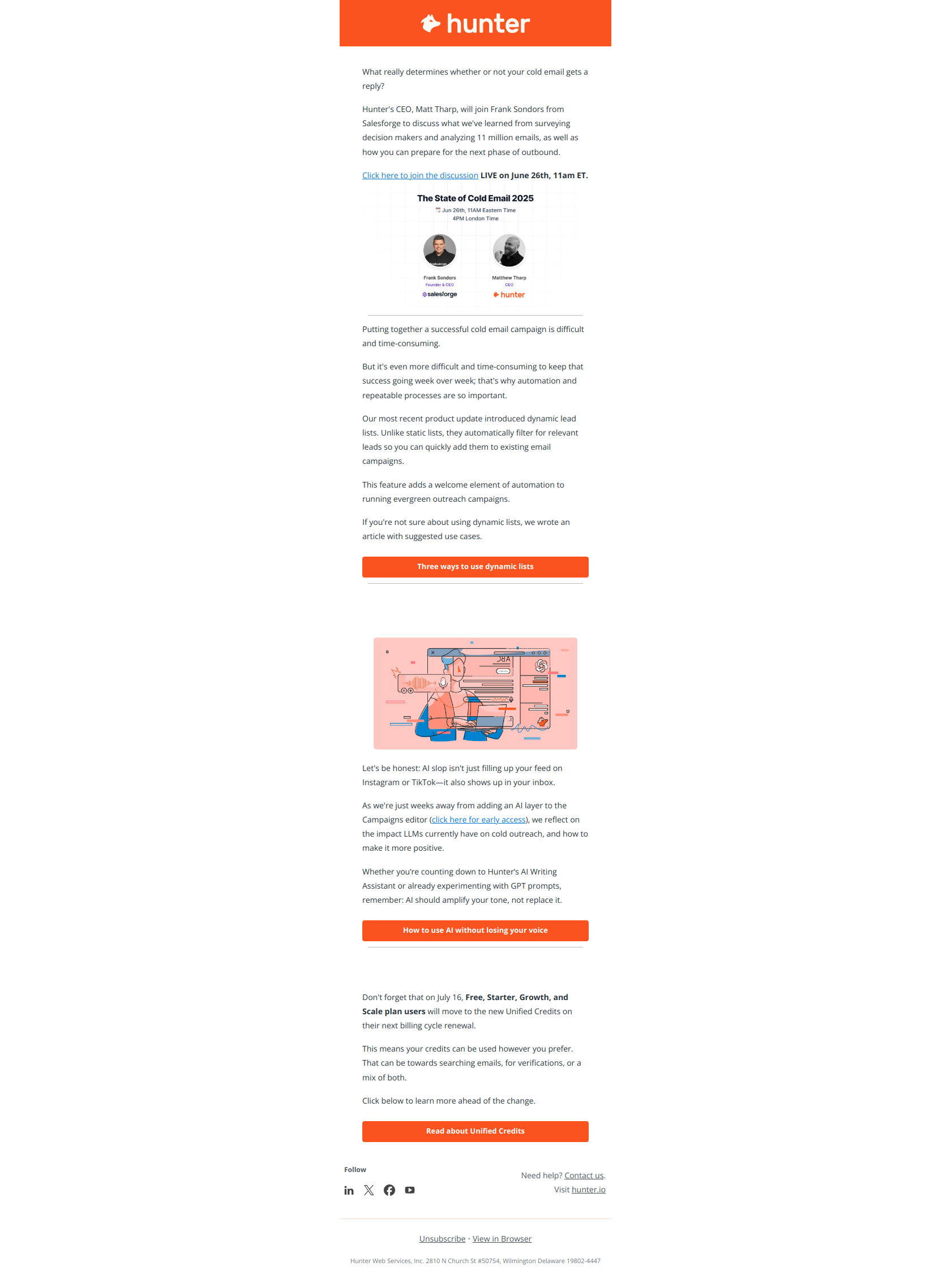 Evergreen, repeatable campaigns — email screenshot from Hunter.io