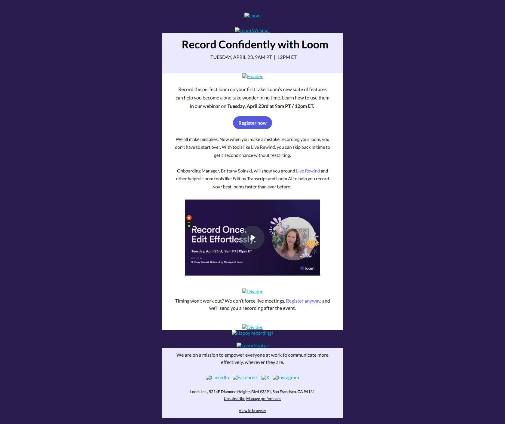 One Webinar to Become a One-Take Wonder 🎥 — email screenshot from Loom