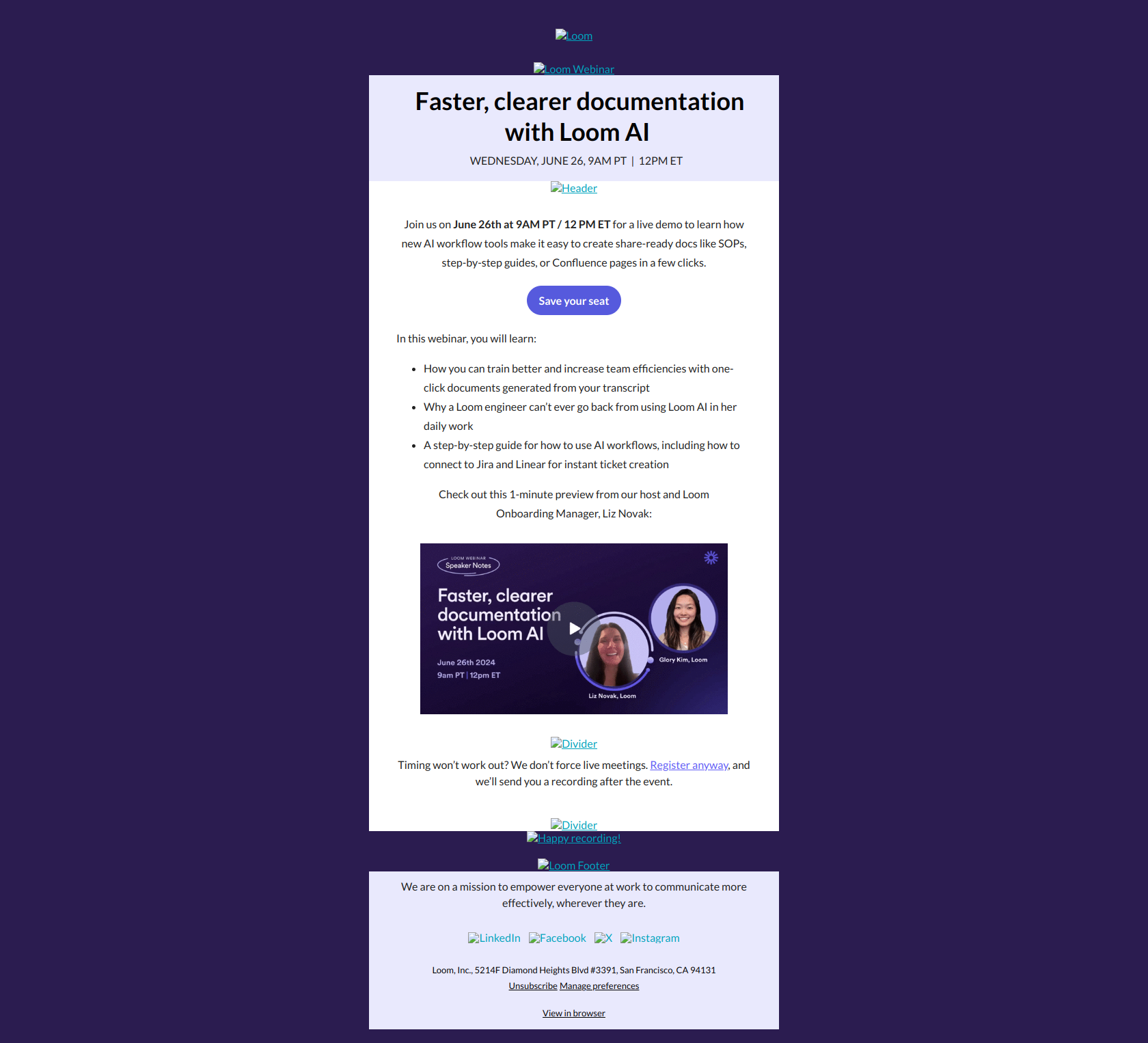 Webinar: Faster, clearer documentation with Loom AI — email screenshot from Loom