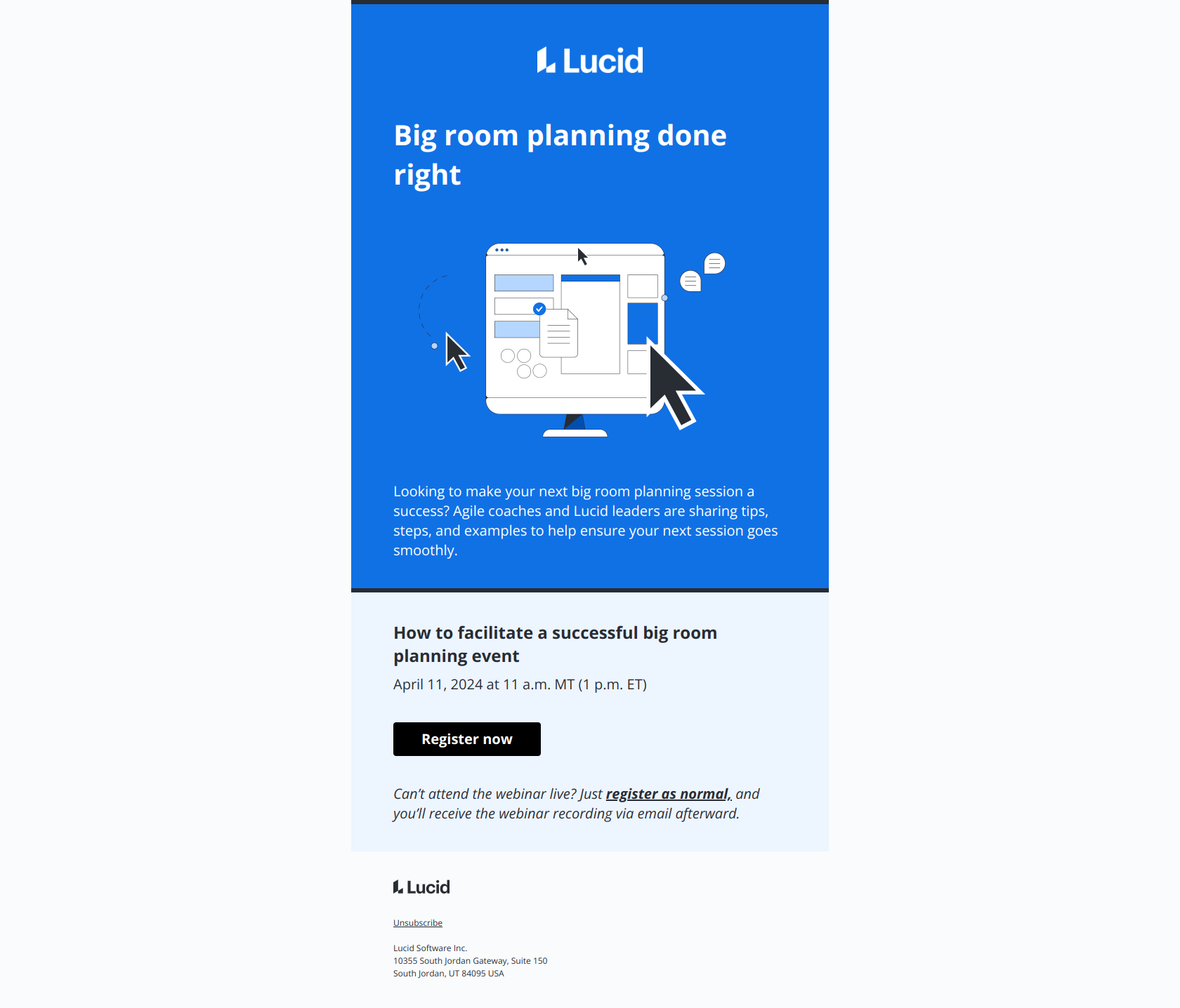 Big room planning webinar: Join us tomorrow! — email screenshot from Lucid