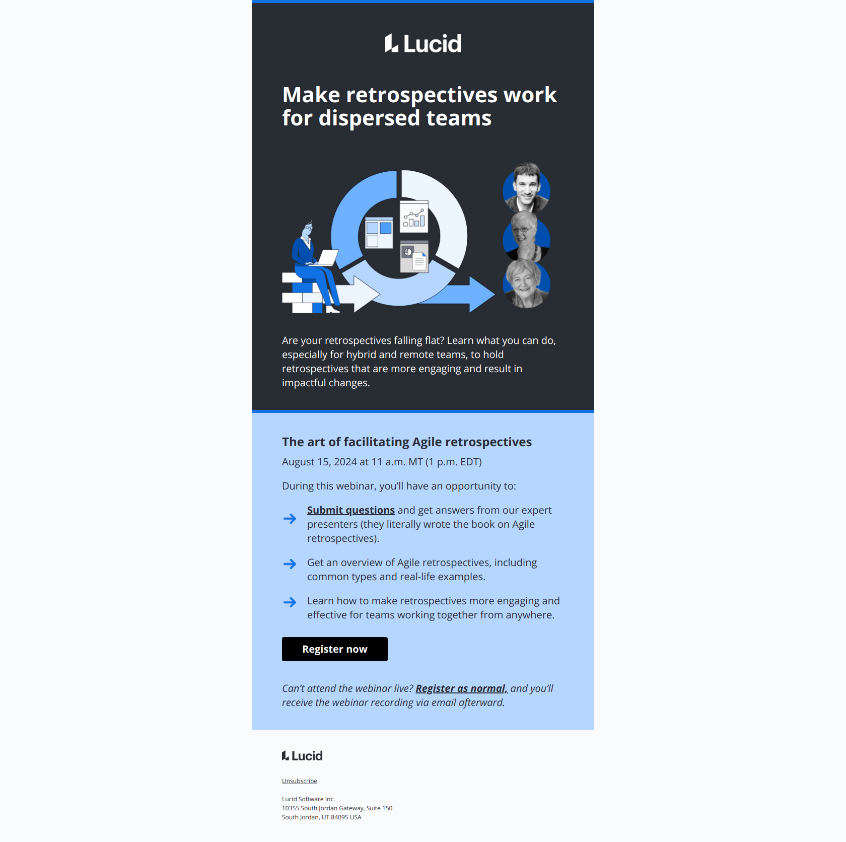 Join us tomorrow for a discussion about Agile retrospectives — email screenshot from Lucid