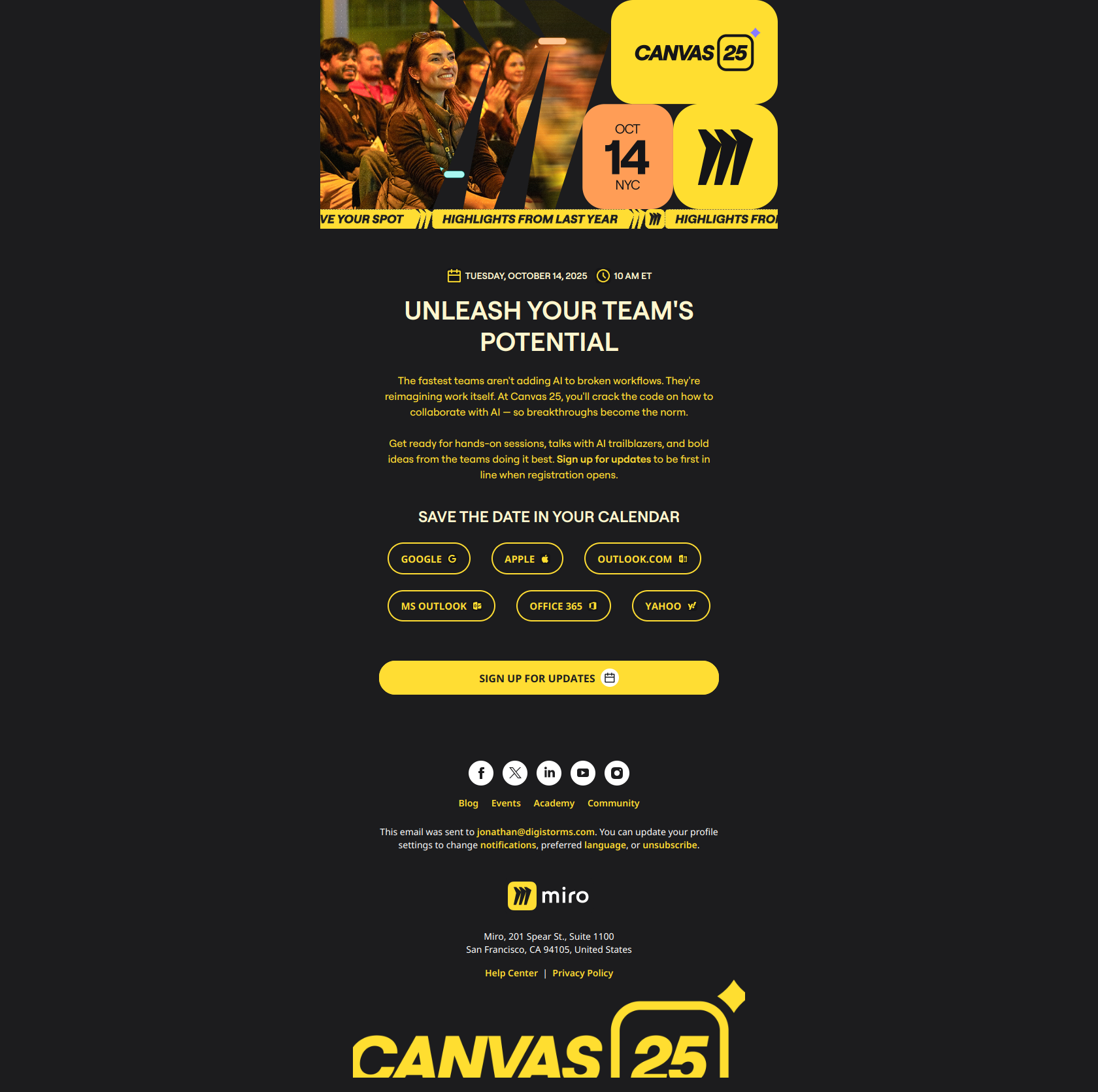 Save the date for Canvas 25 — email screenshot from Miro