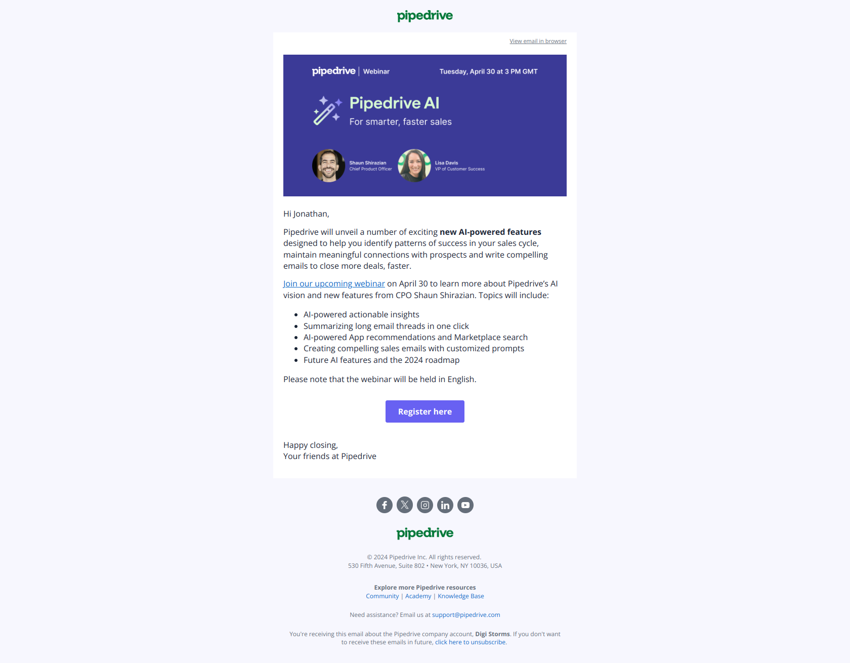 🎥 Webinar: Pipedrive AI for smarter, faster sales — email screenshot from Pipedrive