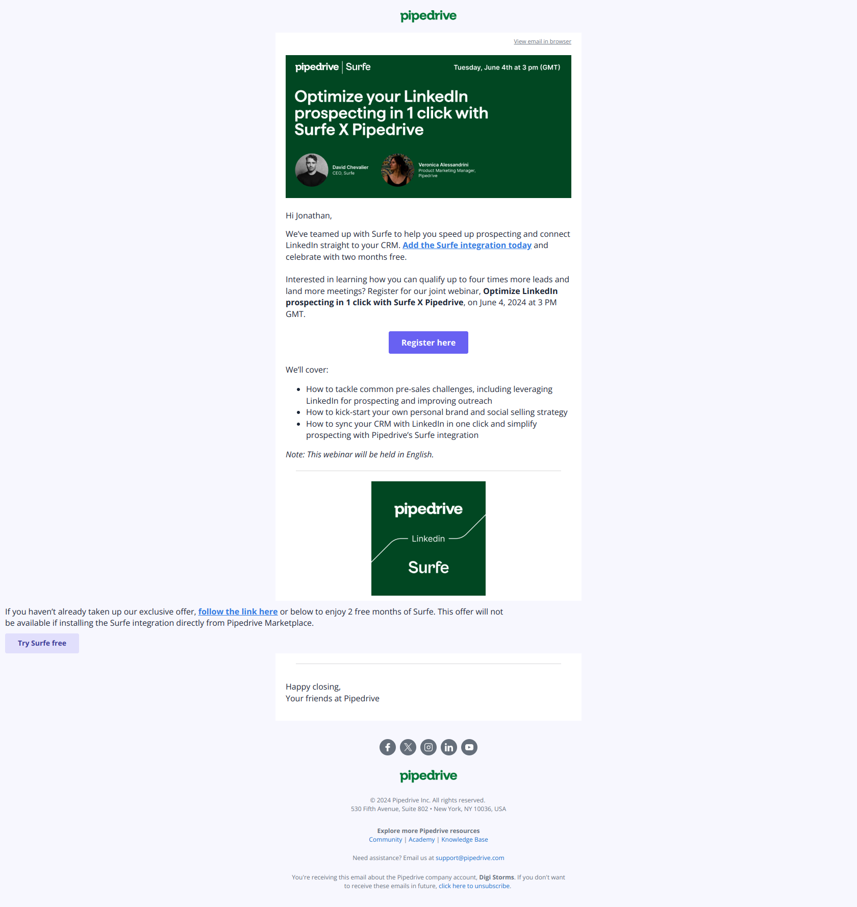 🎥 Webinar: Optimize LinkedIn prospecting in 1 click — email screenshot from Pipedrive