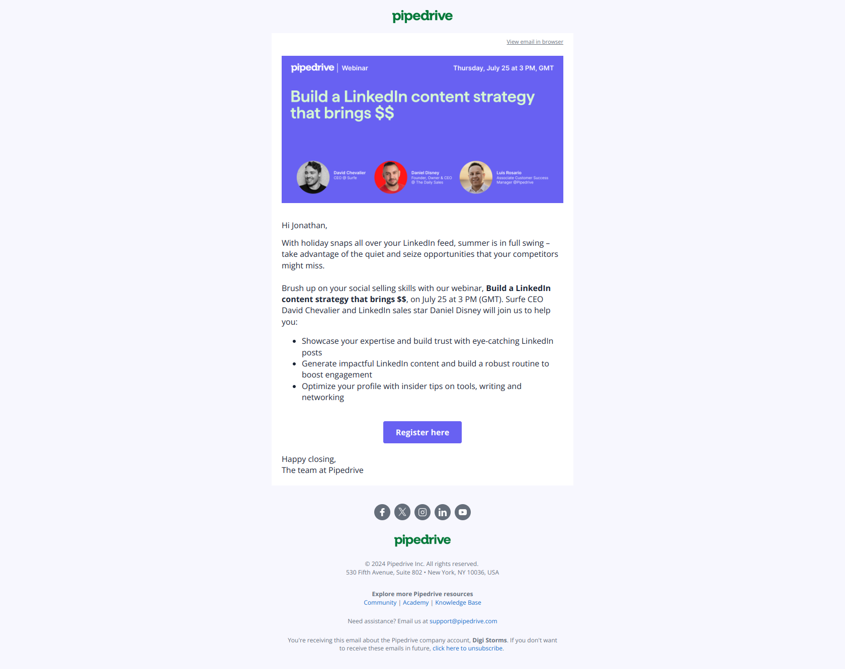 🎥 Build a content strategy that brings $ — email screenshot from Pipedrive