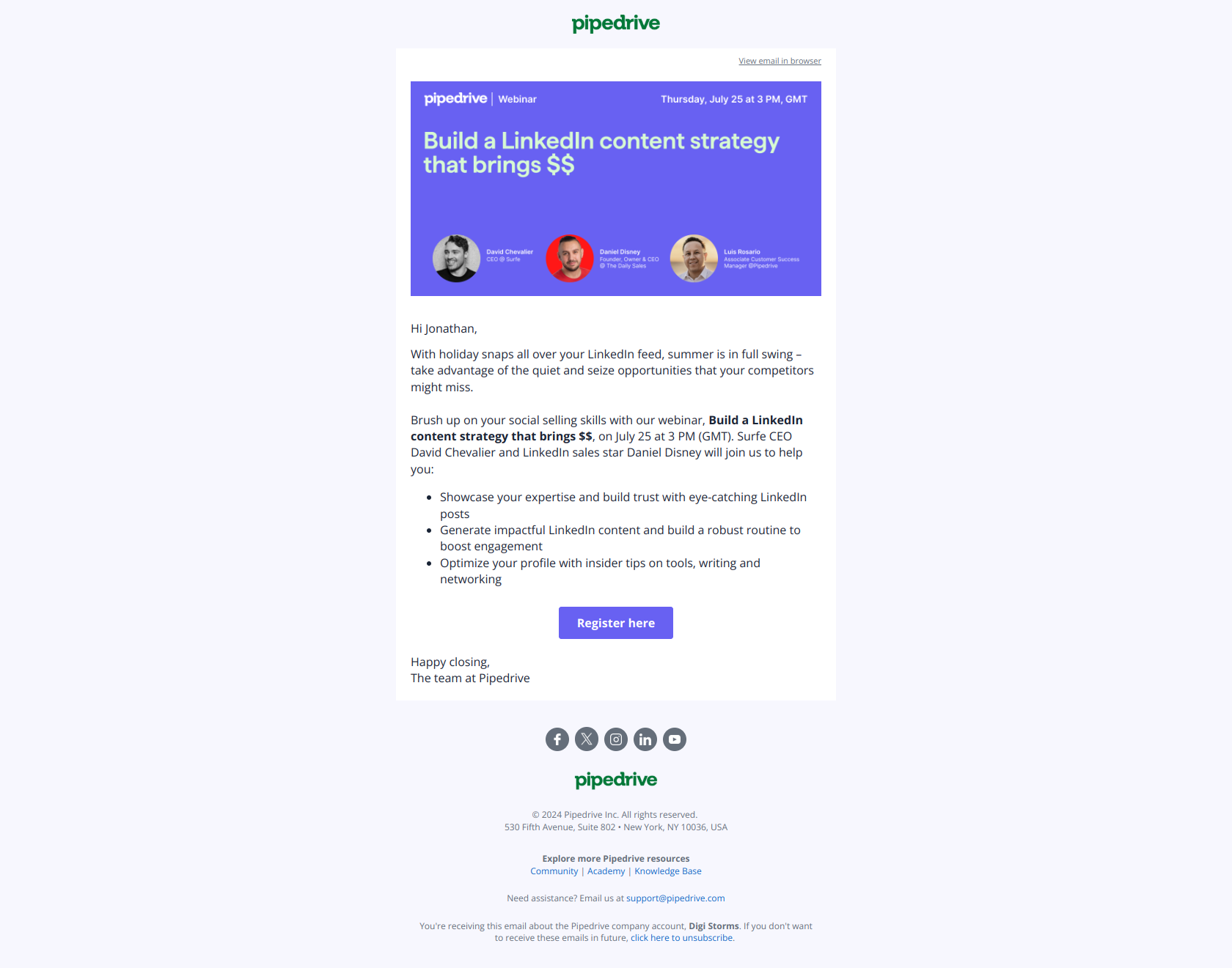 🎥 Build a content strategy that brings $$ — email screenshot from Pipedrive