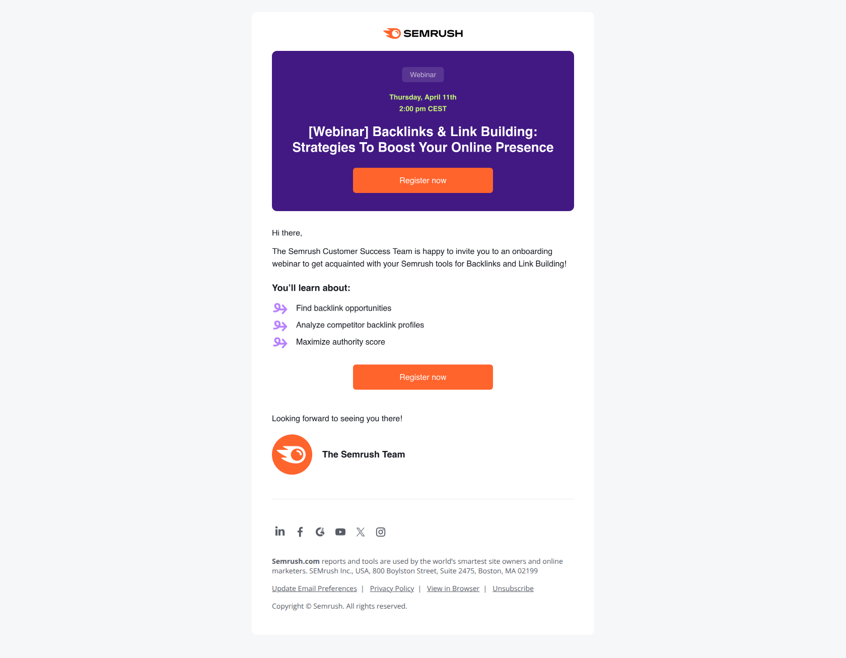 Backlinks & Link Building: Strategies To Boost Your Online Presence — email screenshot from SemRush