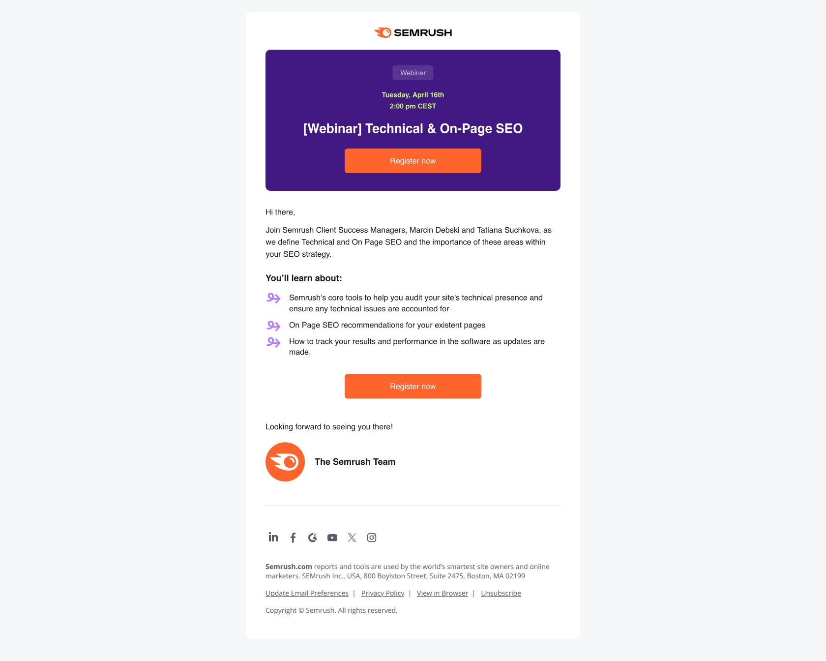 Semrush webinar: Technical & On-Page SEO — email screenshot from SemRush