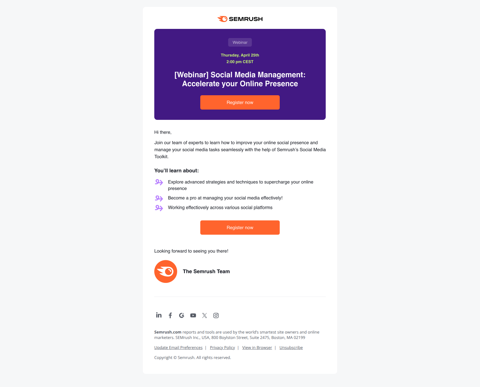 Social Media Management: Accelerate your Online Presence — email screenshot from SemRush