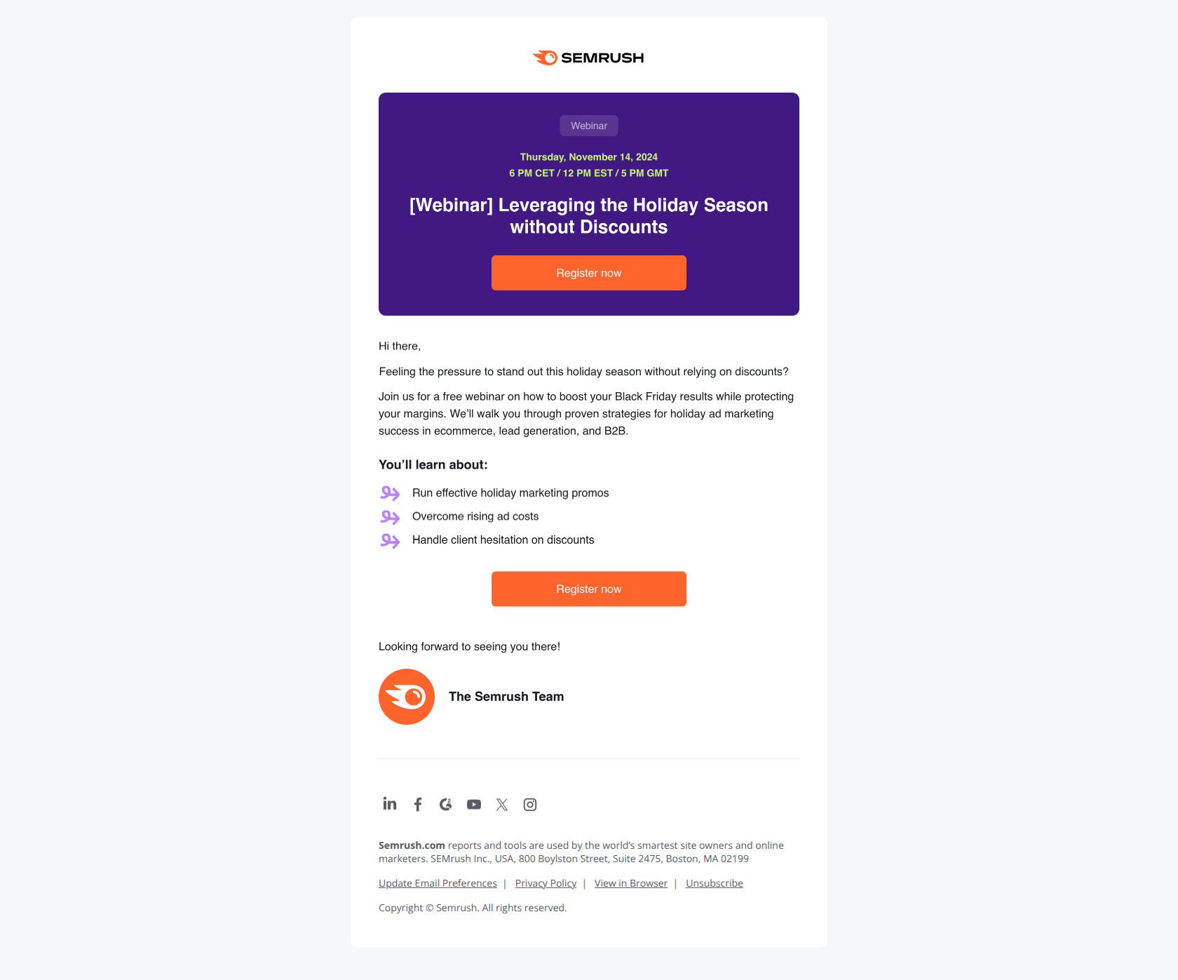 [Webinar] Leverage the Holiday Season without Discounts — email screenshot from SemRush