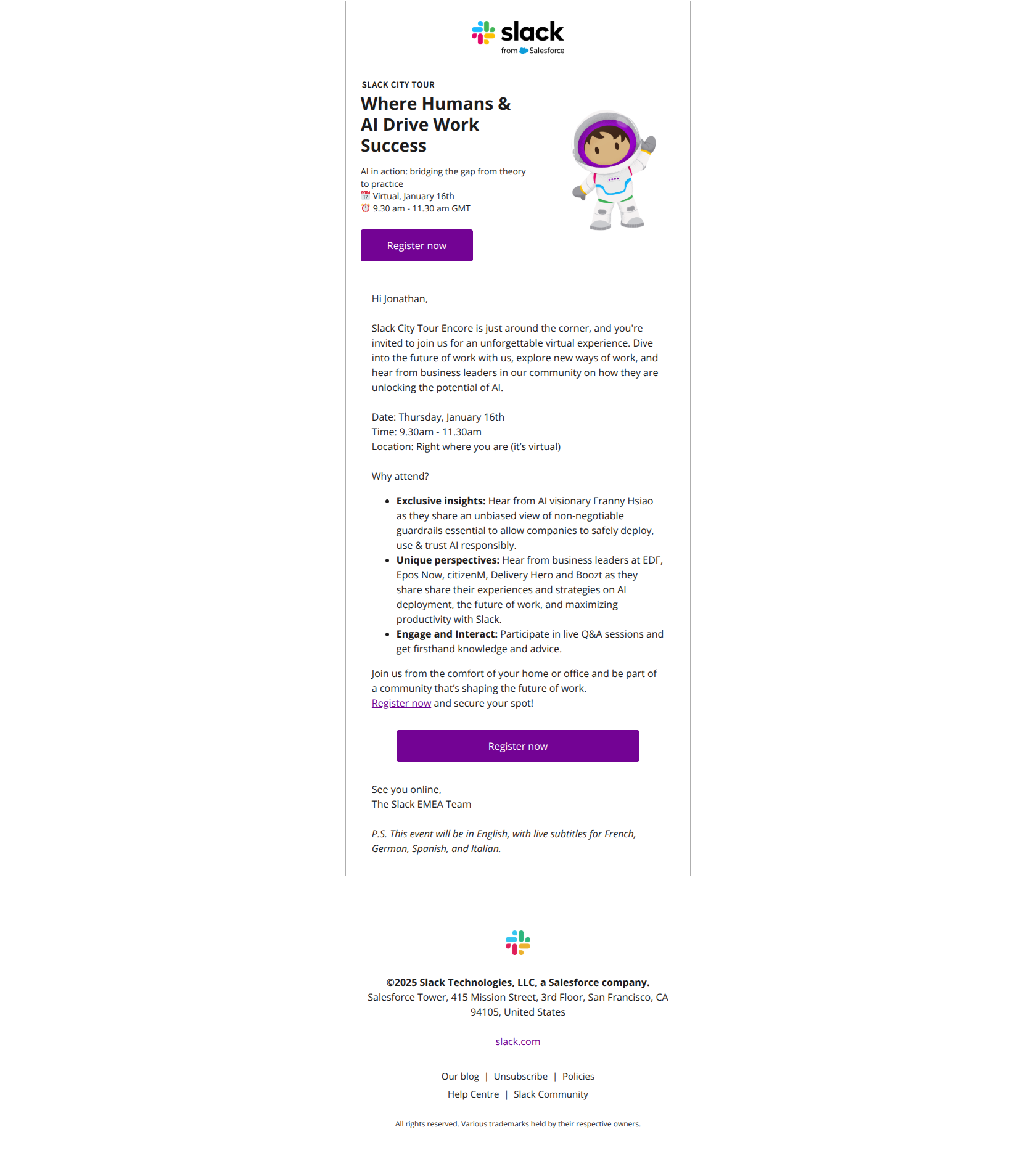 Join Us for the Slack City Tour Encore – Reserve Your Spot! — email screenshot from Slack