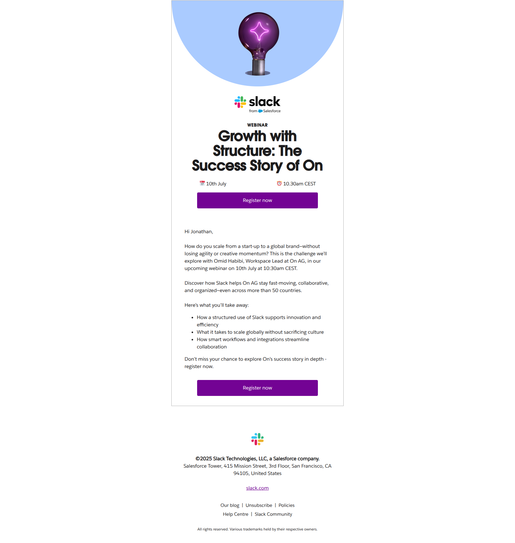 Last chance to register: The Success Story of On — email screenshot from Slack