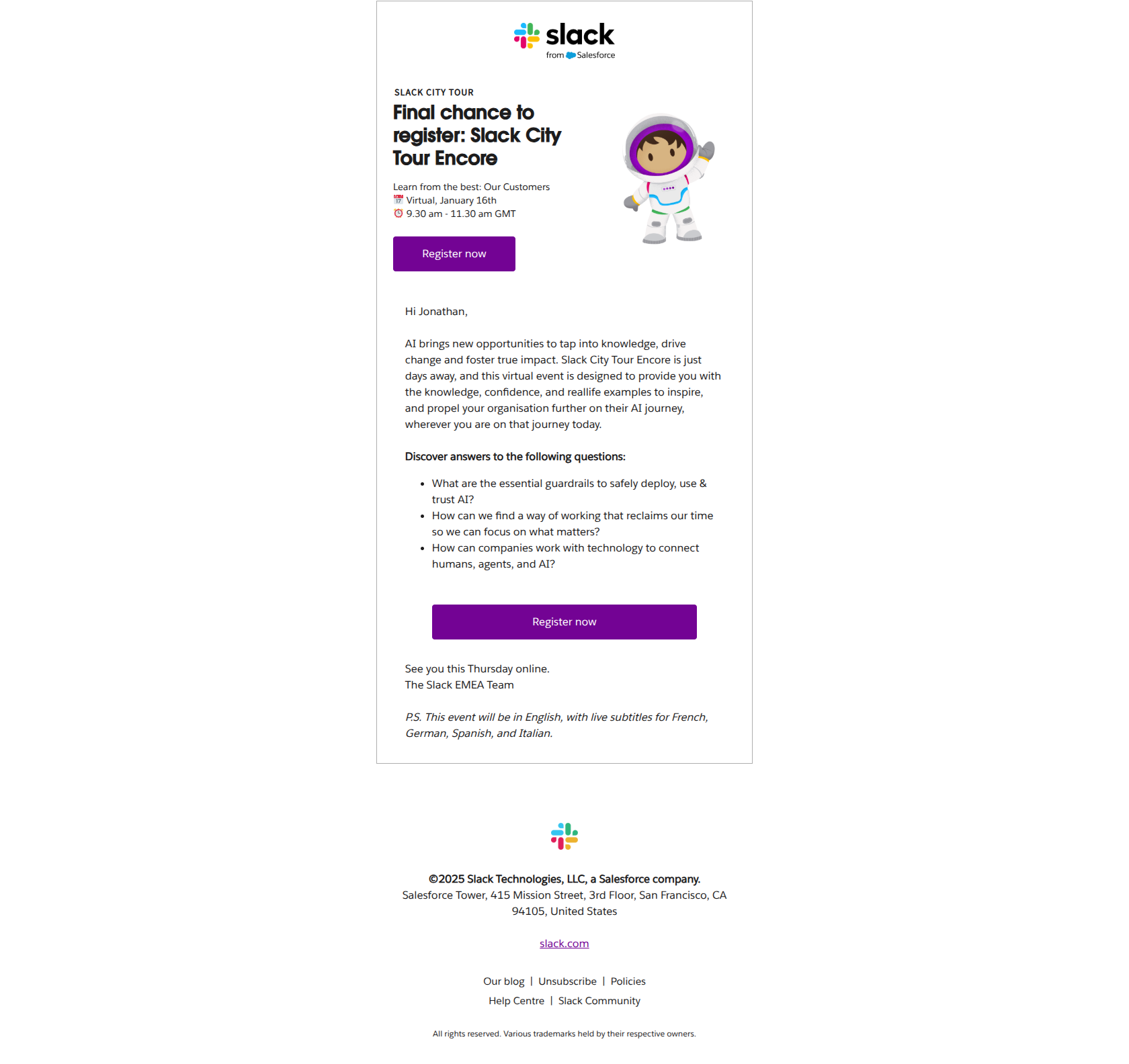 Last chance to register: Slack City Tour Encore, Jan 16 — email screenshot from Slack
