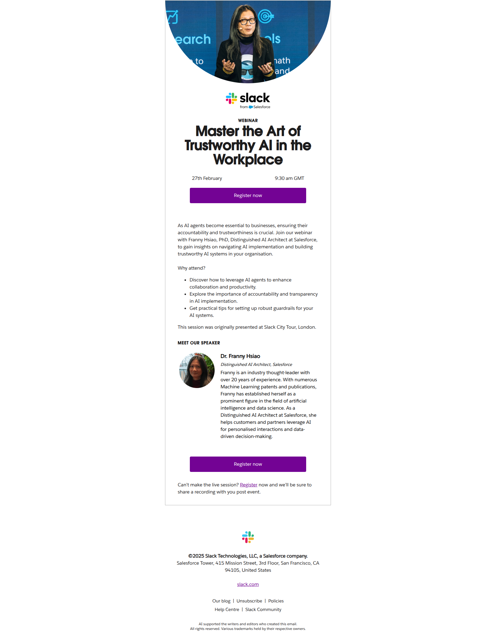 Save your spot: Find out why accountability and transparency are crucial for AI deployment — email screenshot from Slack