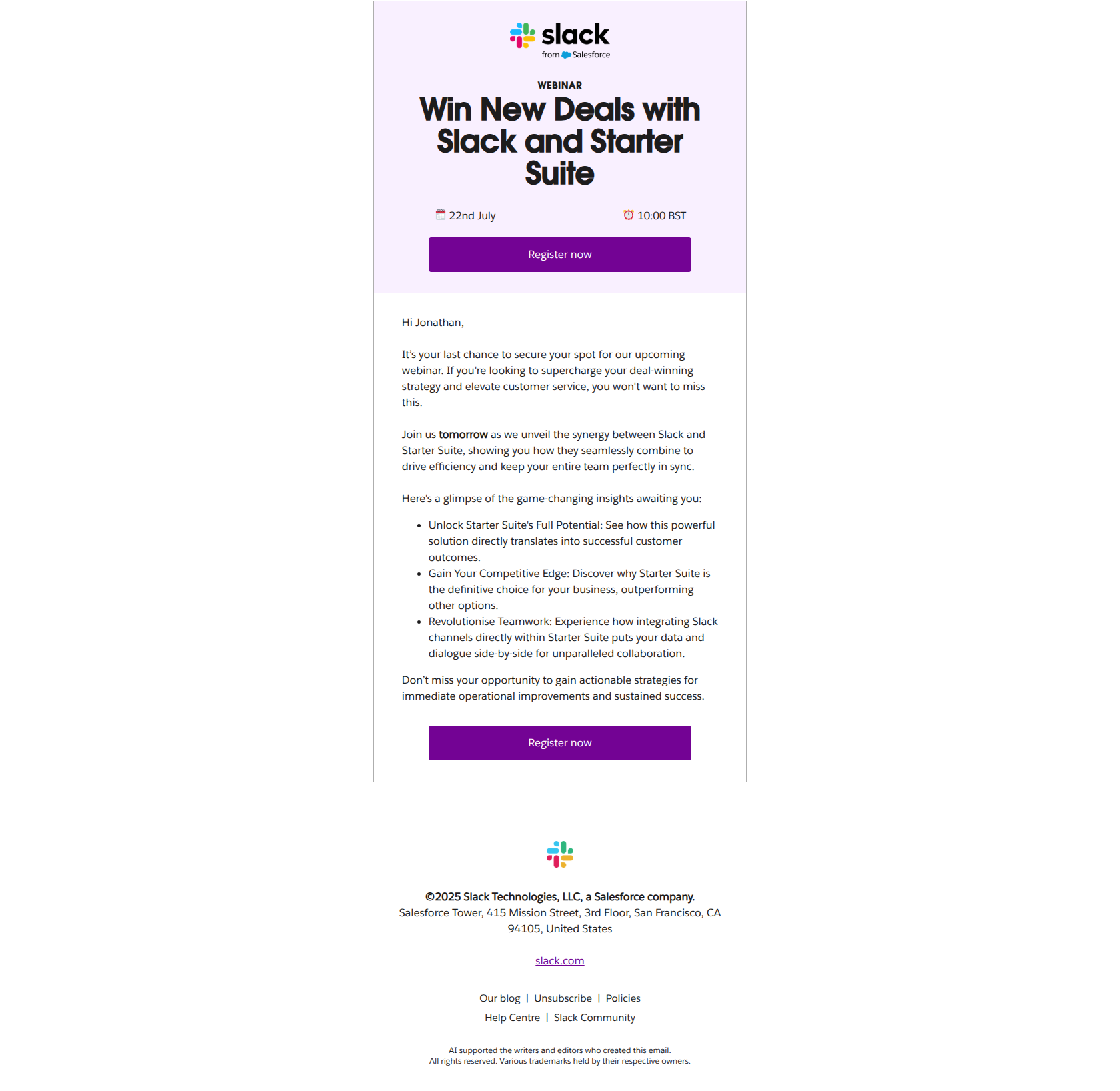 Last chance to register: Win New Deals with Slack and Starter Suite — email screenshot from Slack