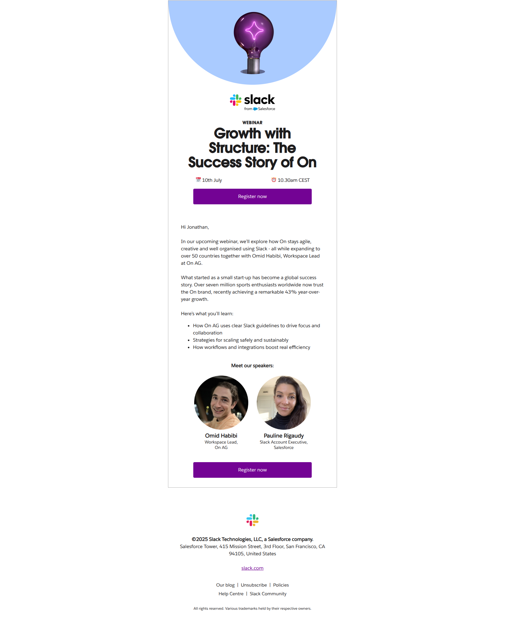 Register now: Growth with Structure - The Success Story of On — email screenshot from Slack
