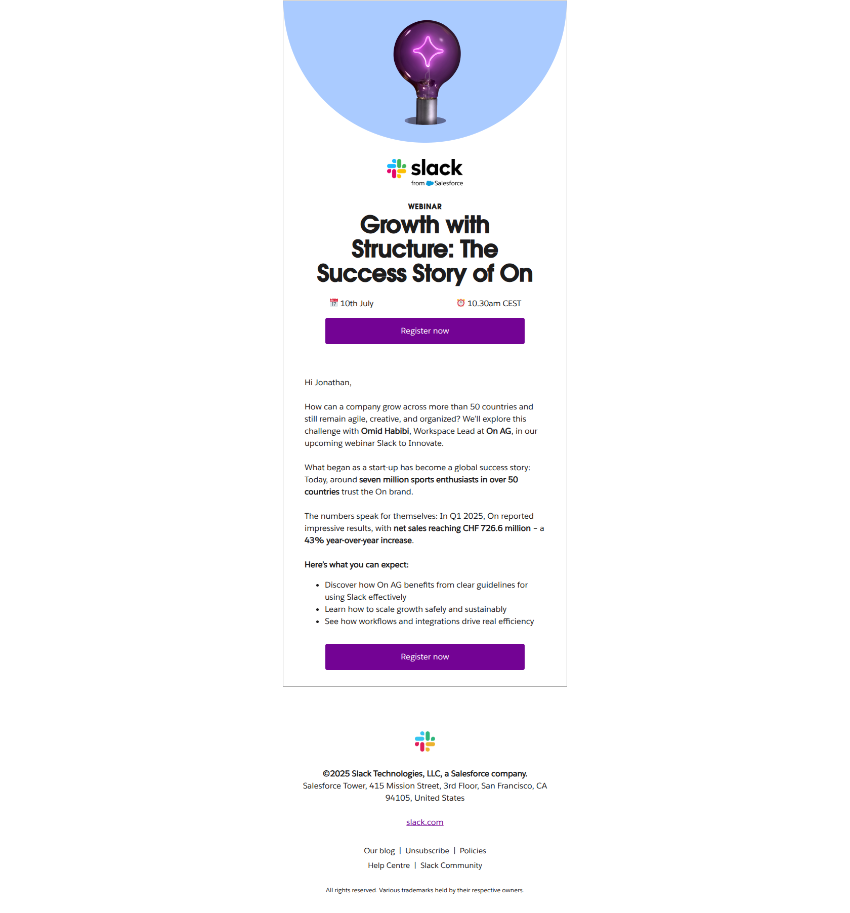 Upcoming webinar: Growth with Structure - The Success Story of On — email screenshot from Slack